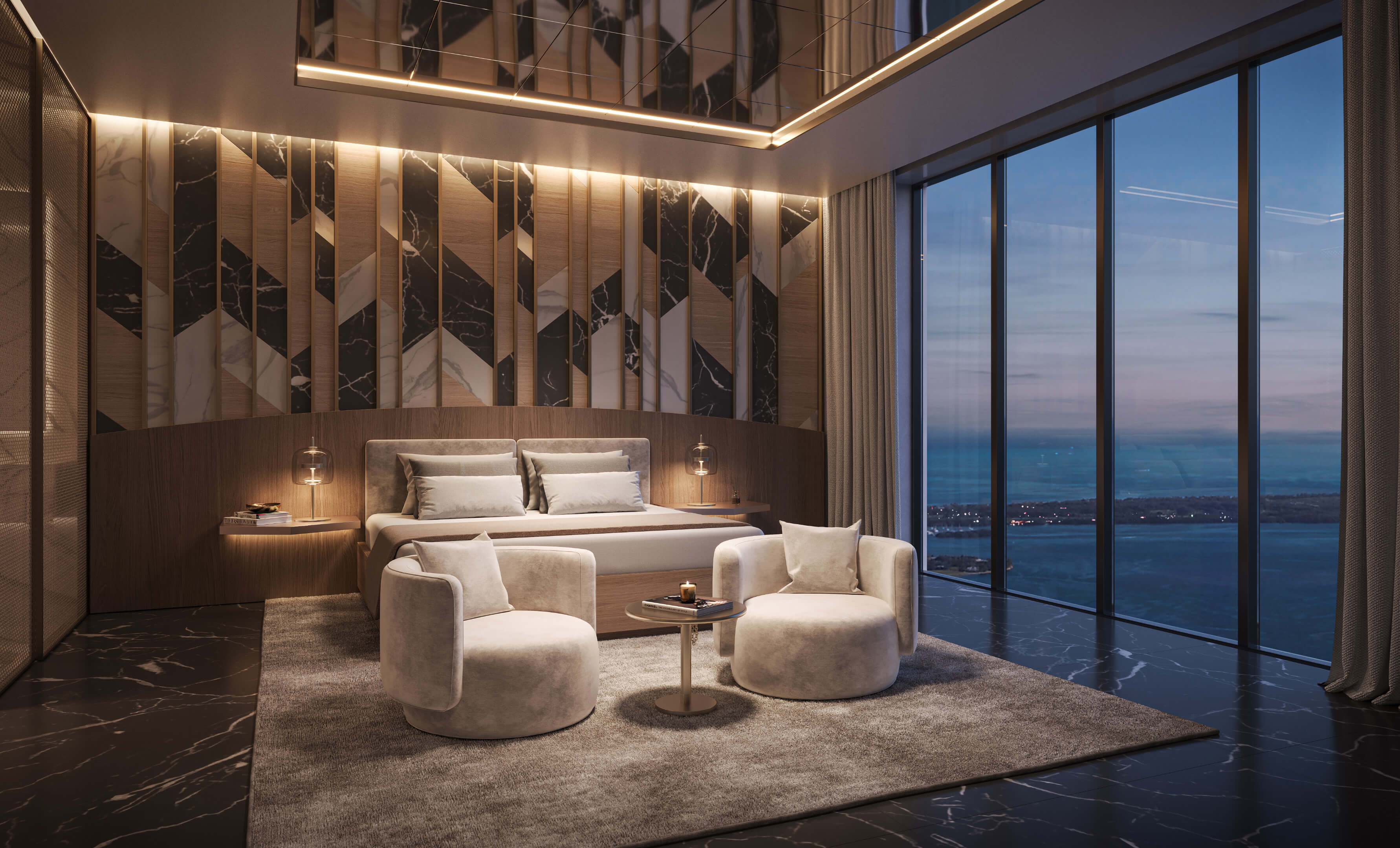 Luxurious master bedroom at Dolce & Gabbana Residences with nighttime ocean view and statement wall