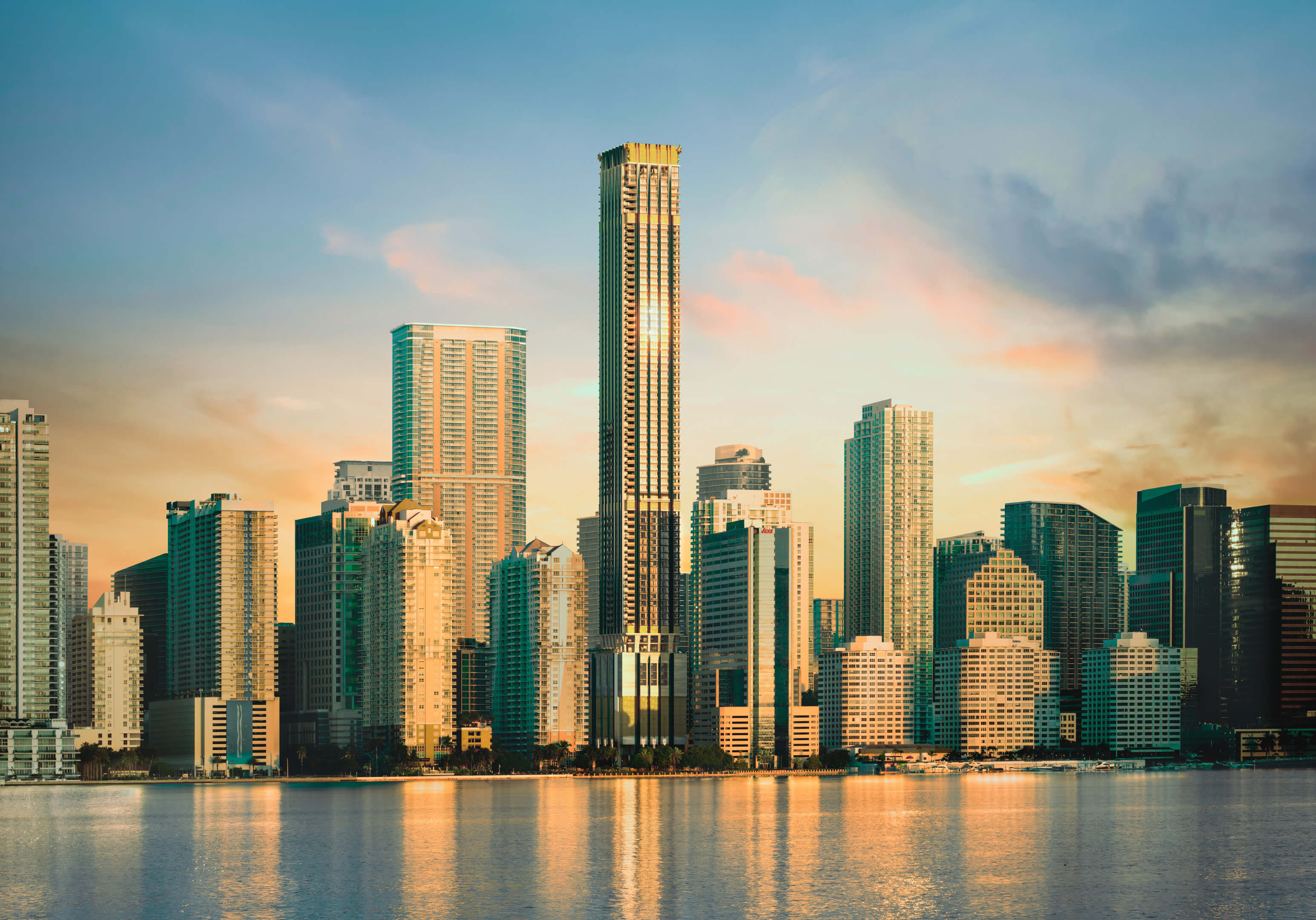 Dolce & Gabbana Residences tower highlighted in the Miami skyline at sunset