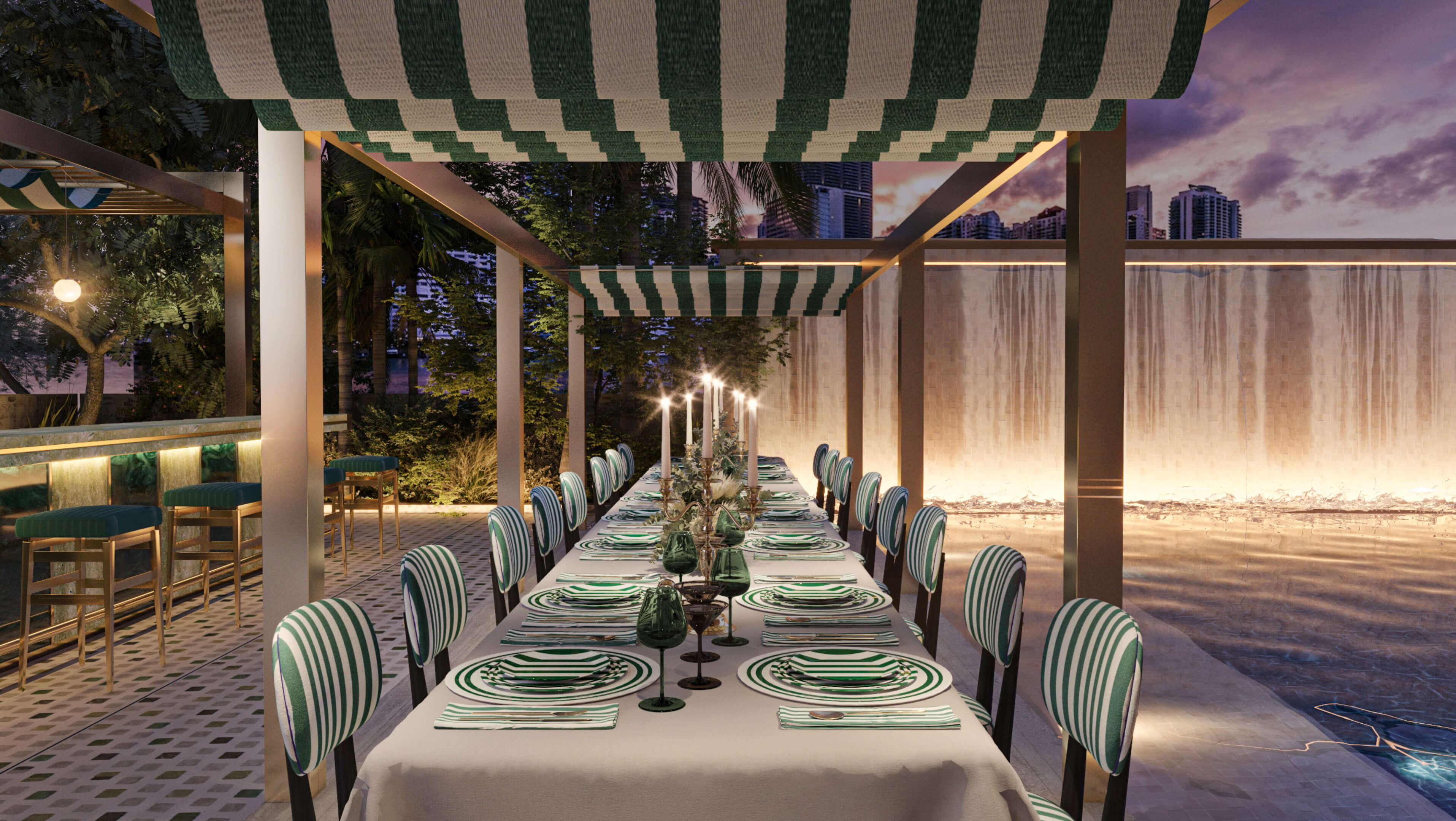 Dolce & Gabbana Residences poolside dining area with striped canopy and evening ambiance