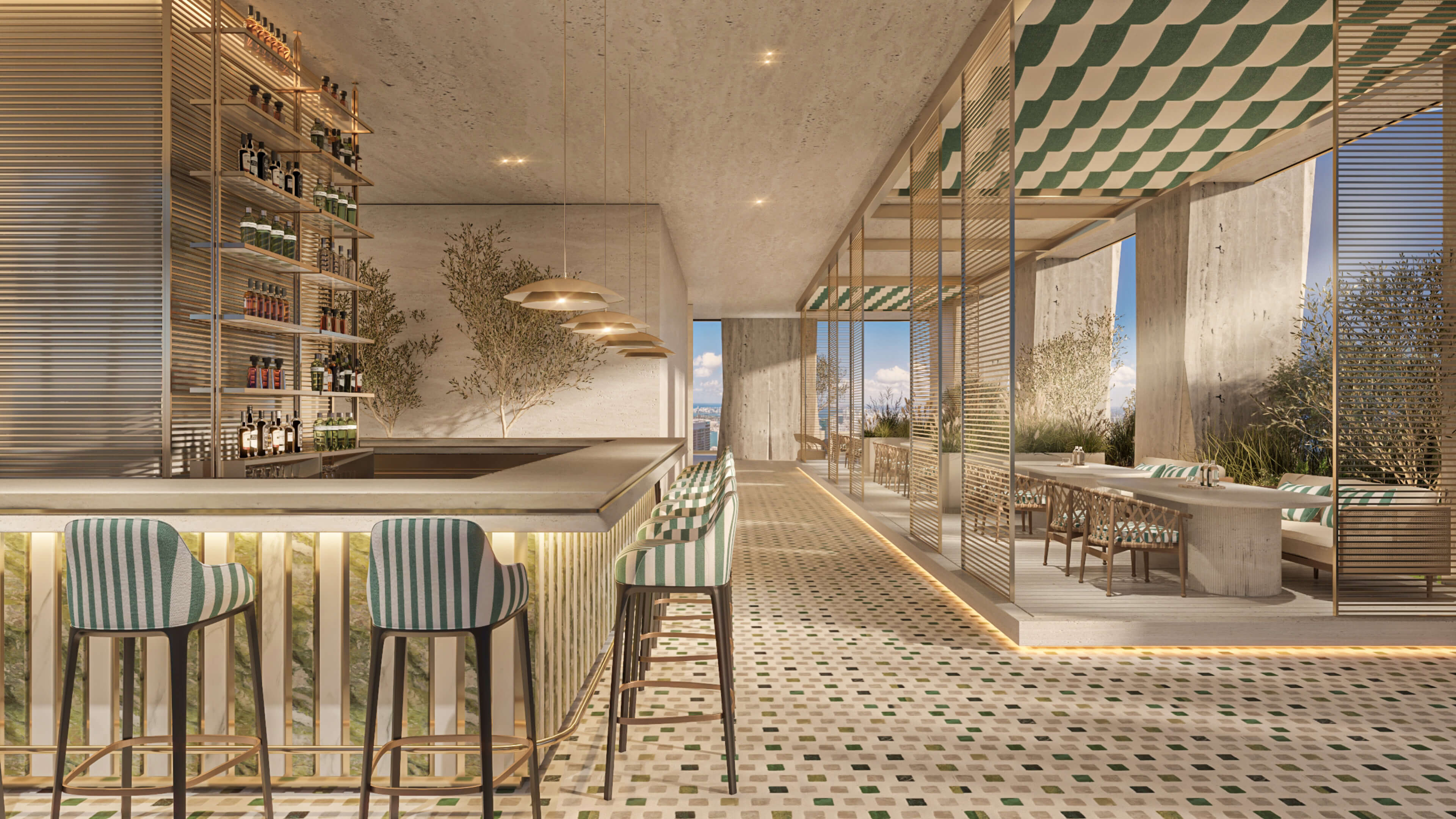 Open-air terrace bar at Dolce & Gabbana Residences with striped seating and panoramic city views