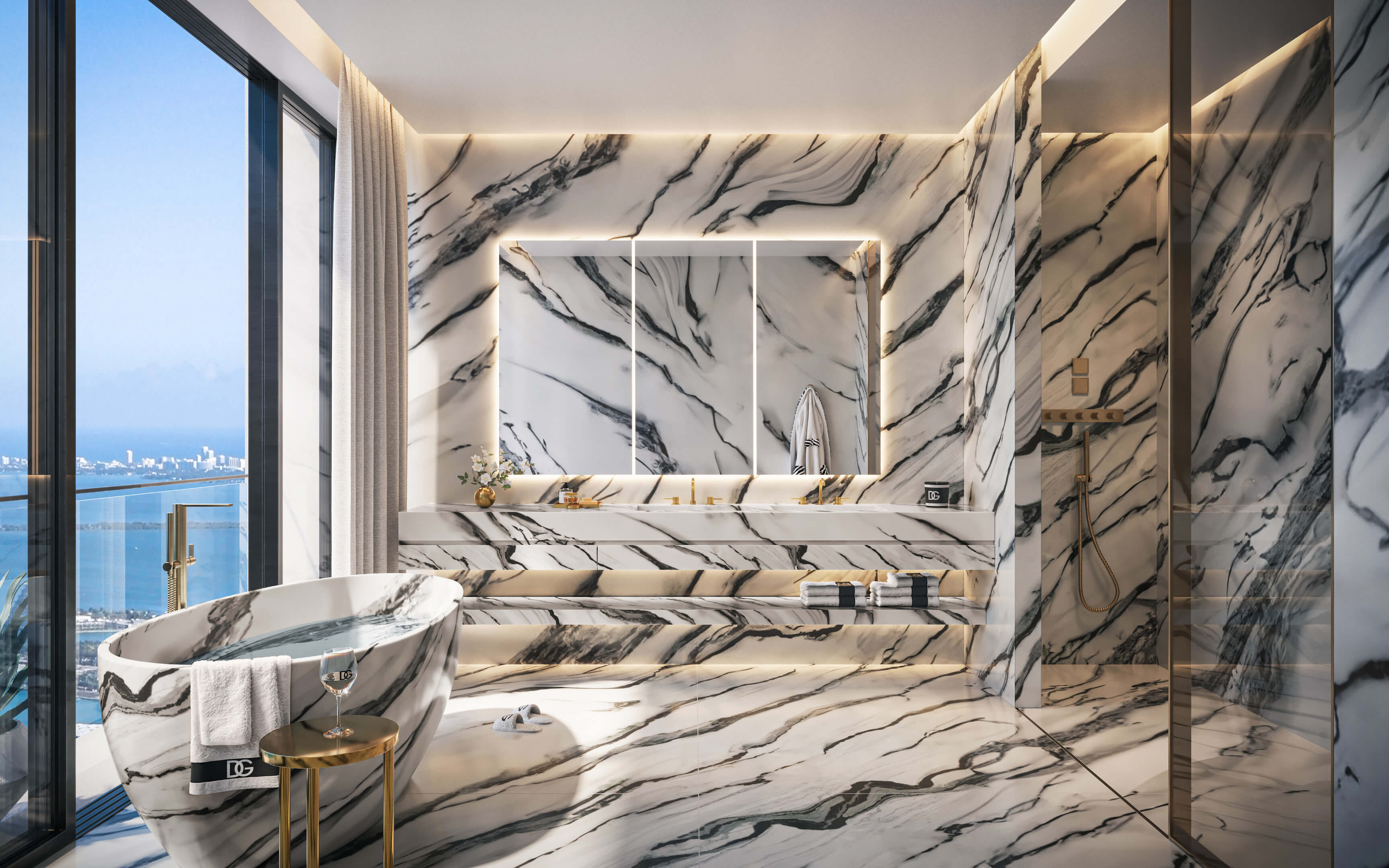 White marble luxury bathroom at Dolce & Gabbana Residences with panoramic skyline views