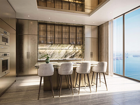Light marble kitchen at 888 Brickell D&G Residences
