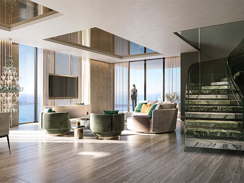 Living room with curved staircase at 888 Brickell D&G Residences