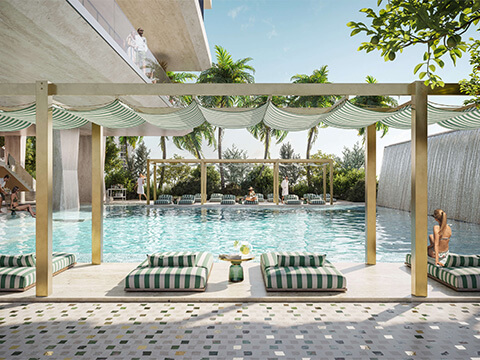 Poolside cabanas and waterfall at 888 Brickell Dolce & Gabbana Residences
