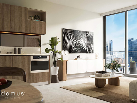 Open kitchen and living area rendering at Domus Brickell Center with contemporary finishes and skyline balcony views