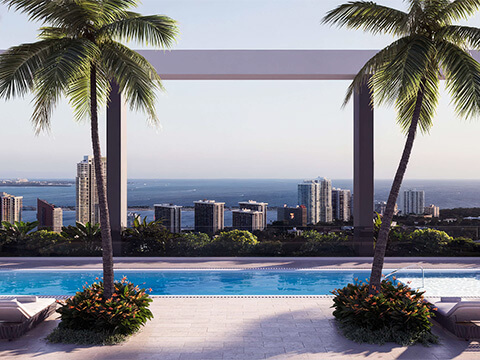 Resort-style rooftop pool at Domus Brickell Center framed by palm trees with sweeping Brickell skyline and bay views