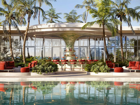 Poolside bar pavilion at Faena Residences Miami with palm-lined lounge seating and resort-style atmosphere