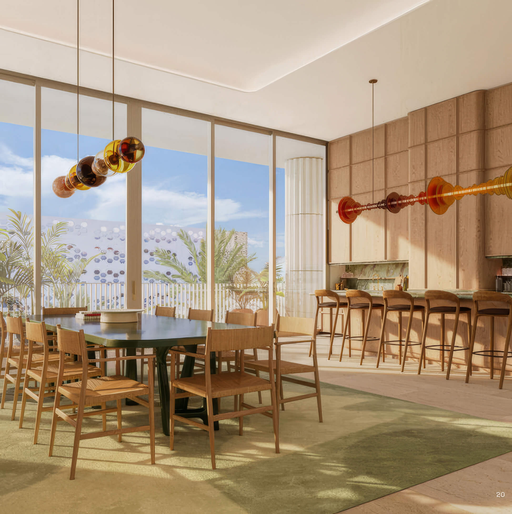 Dining room and bar with round tables, wood stools, and amber pendant lights at Fouquet’s Hotel & Residences
