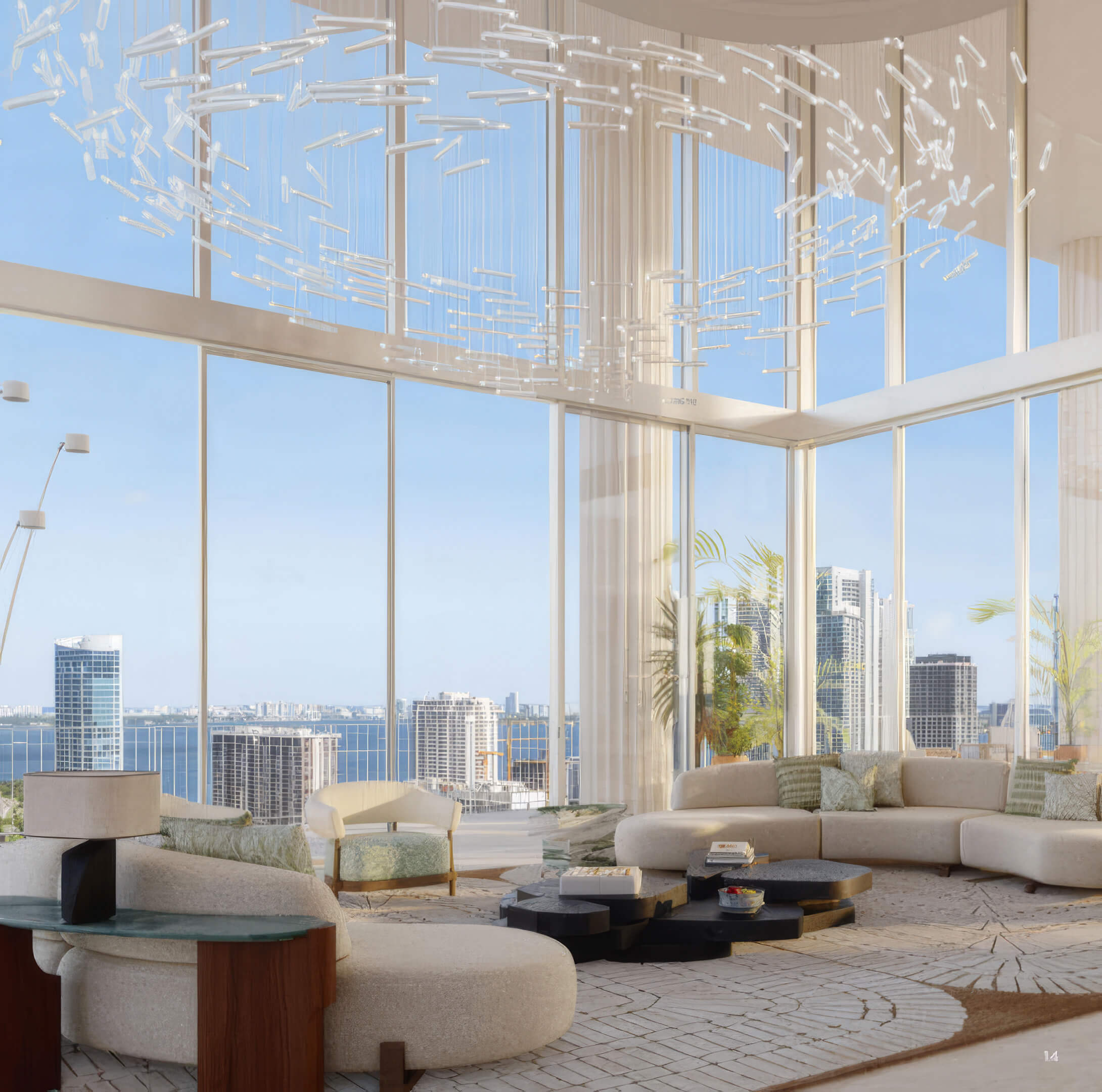 Double height lounge with curved seating, sculptural hanging lights, and city views at Fouquet’s Hotel & Residences