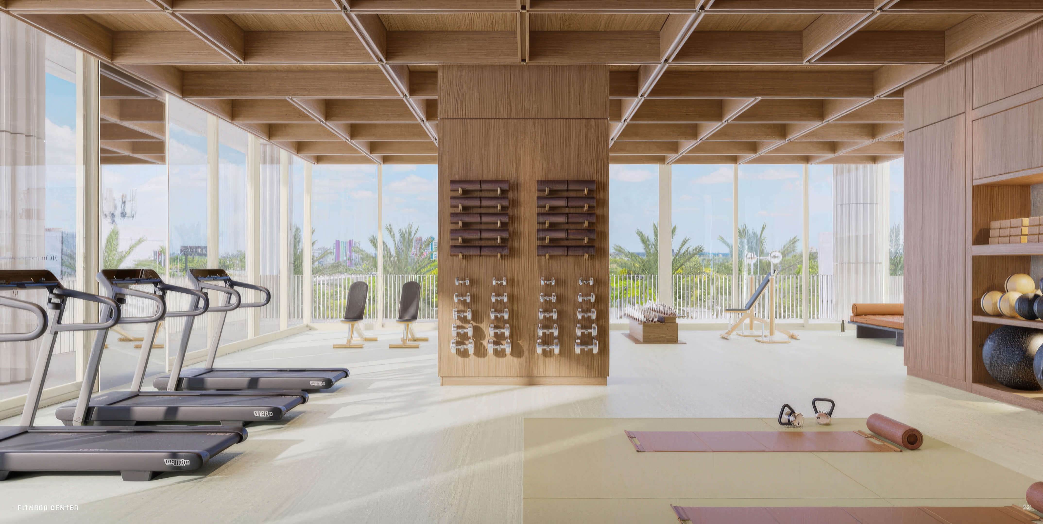 Fitness center with treadmills, weights, exercise mats, and a coffered wood ceiling at Fouquet’s Hotel & Residences