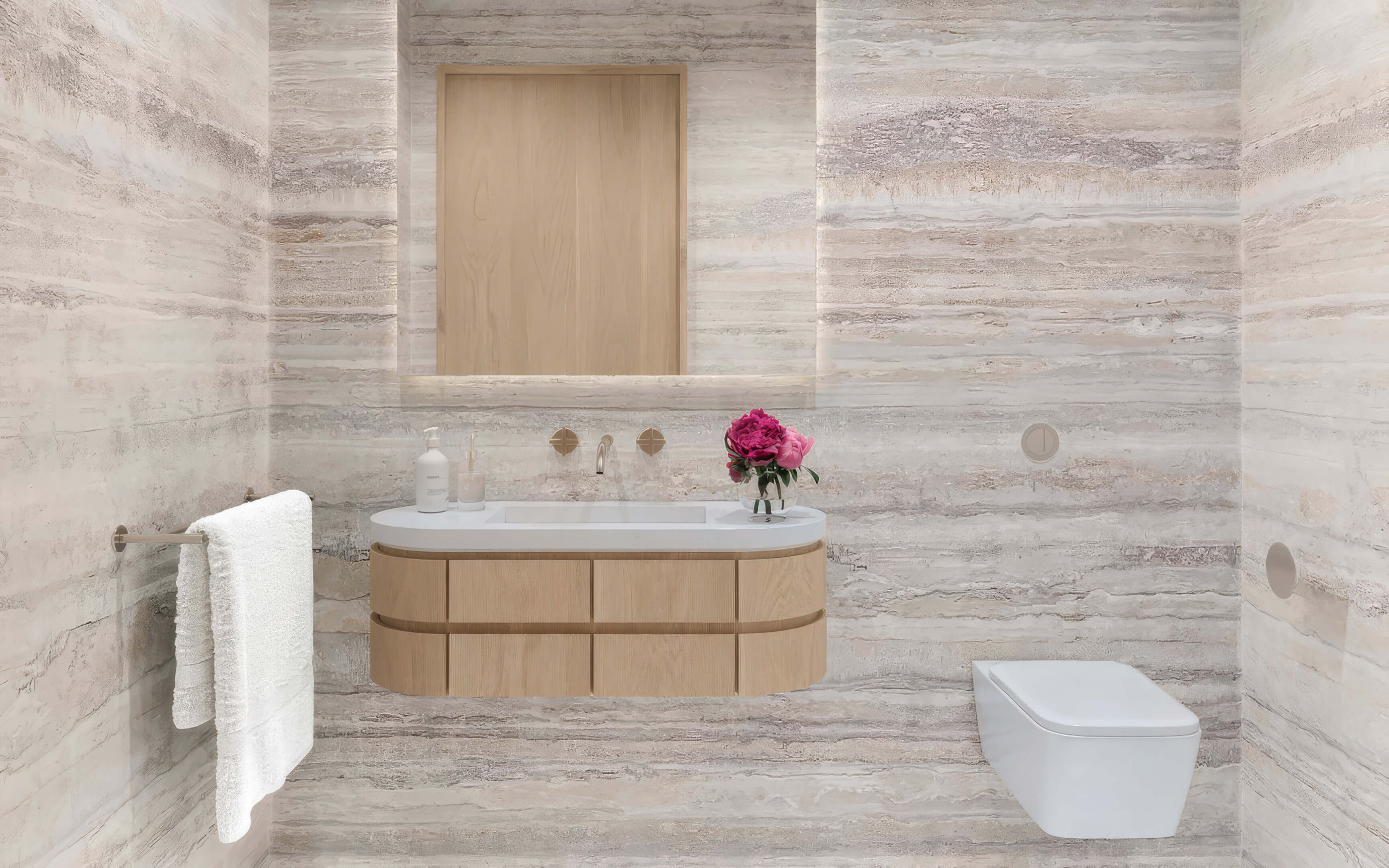 Powder room with a floating wood vanity, pale striped stone walls, and a wall-mounted toilet at Fouquet’s Hotel & Residences