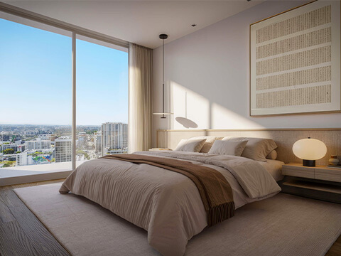 Bedroom at HQ Residences Edgewater with panoramic window, modern lighting, and serene contemporary design