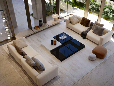 Modern living room at HQ Residences Edgewater with floor-to-ceiling glass walls and designer seating