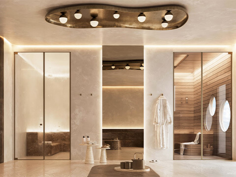 Luxury spa and sauna relaxation room at House of Wellness Brickell in Miami with warm lighting, steam shower, and wellness lounge