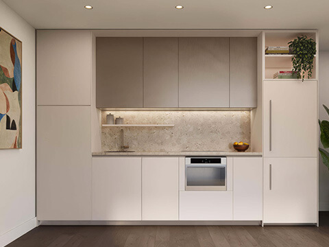 Modern kitchen interior rendering at House of Wellness Brickell with minimalist cabinetry, stone backsplash, and built-in appliances