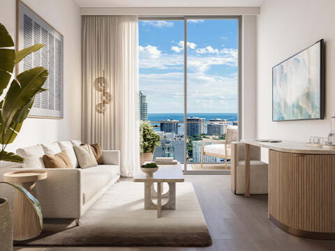Residence living room at House of Wellness Brickell with floor-to-ceiling windows, modern decor, and ocean view