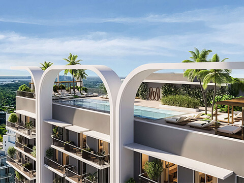 Rooftop pool terrace at House of Wellness Brickell with sun loungers, palm trees, and panoramic city views