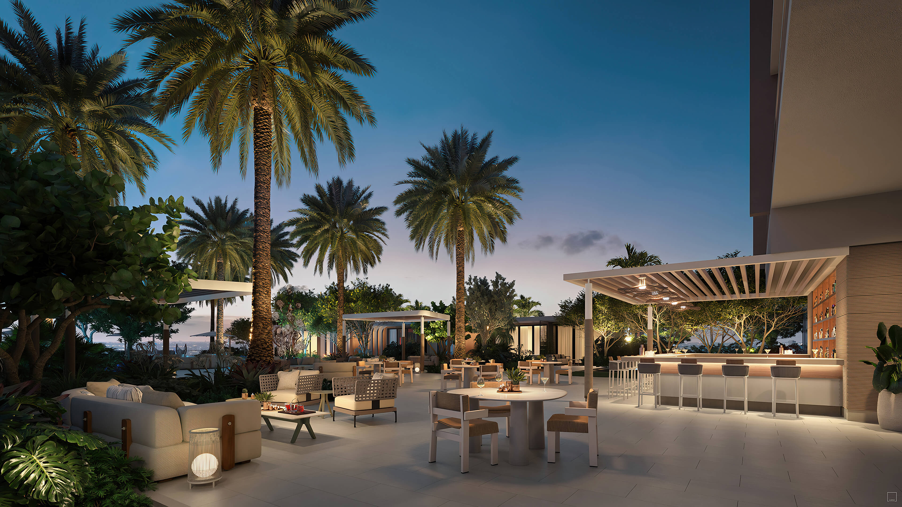 Icon Beach Residences outdoor bar and lounge at night