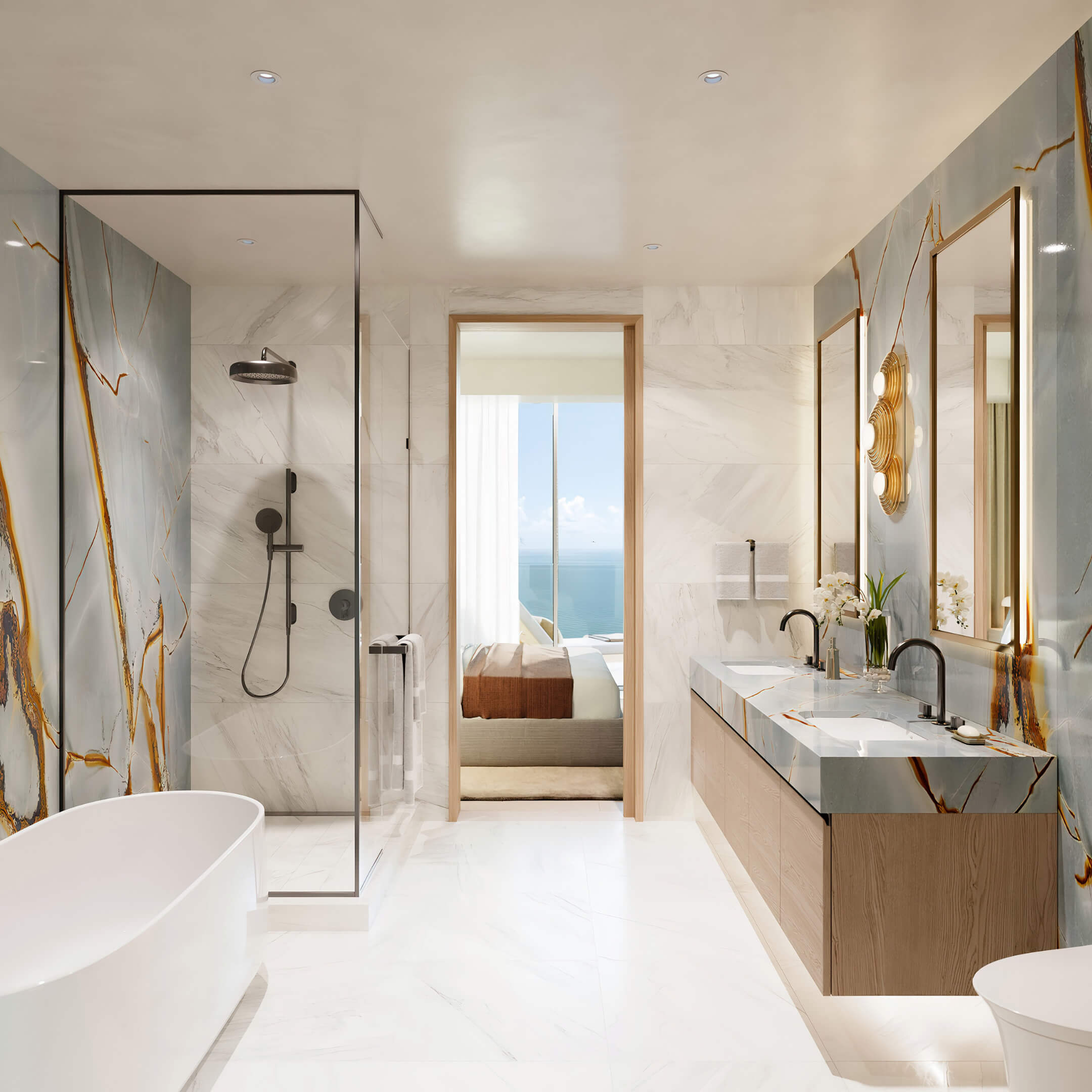 Icon Beach Residences primary bathroom with marble finishes
