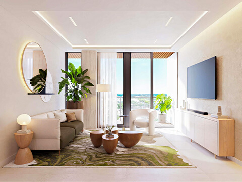Bright living room interior at LEV Residences Aventura with modern seating, floor-to-ceiling windows and balcony access