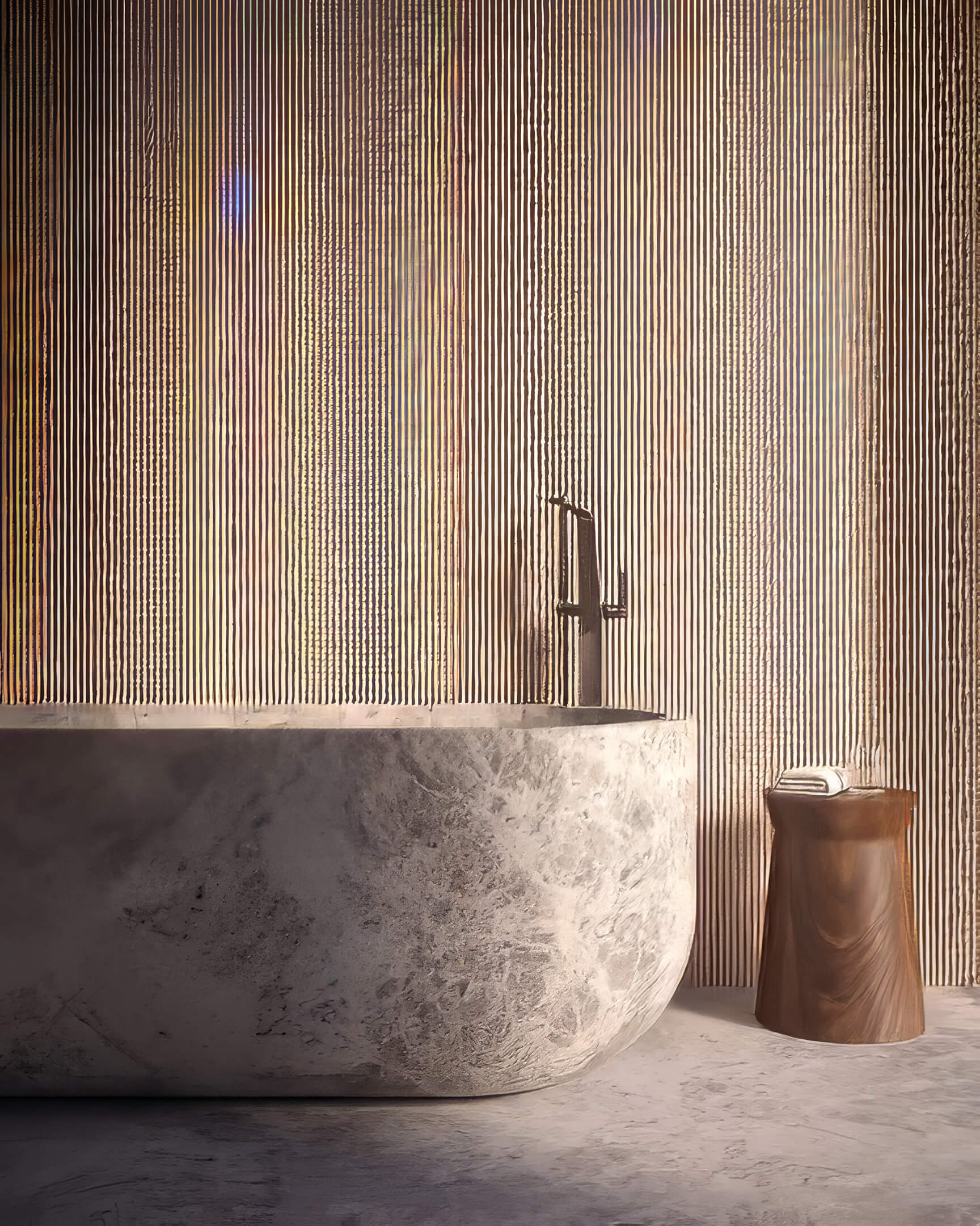 Freestanding stone bathtub at Lilli Miami Edgewater beside a floor mounted faucet and wooden stool