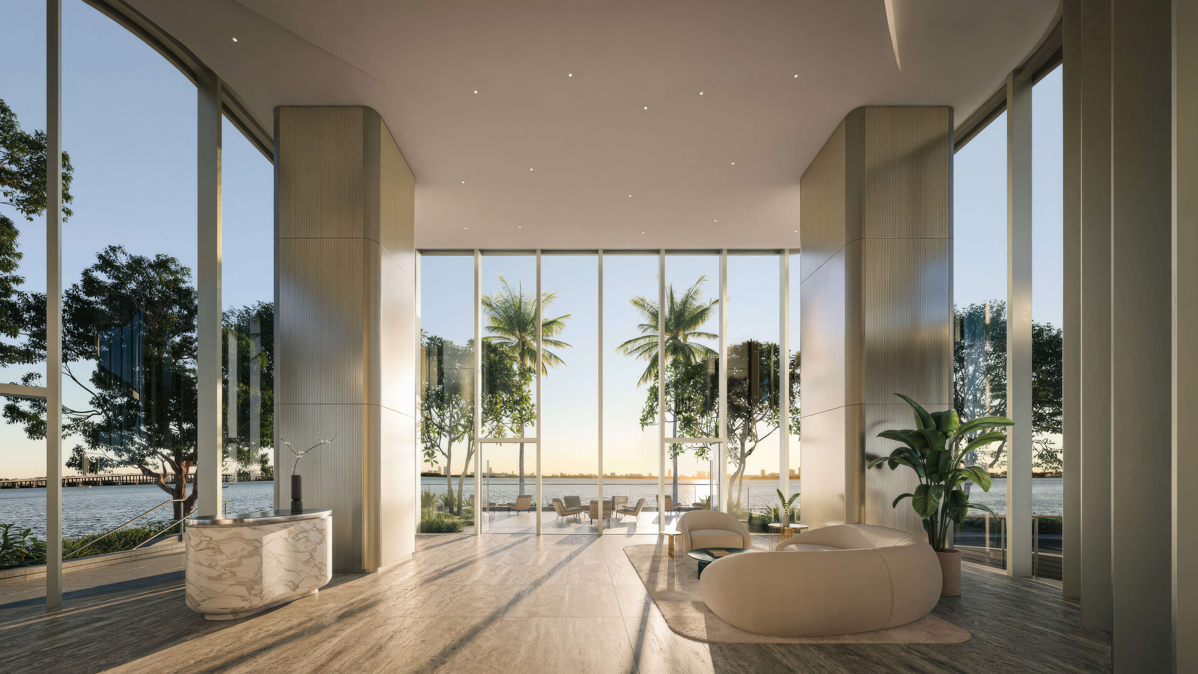 Elegant lobby at Lilli Miami Edgewater with floor-to-ceiling windows and waterfront views