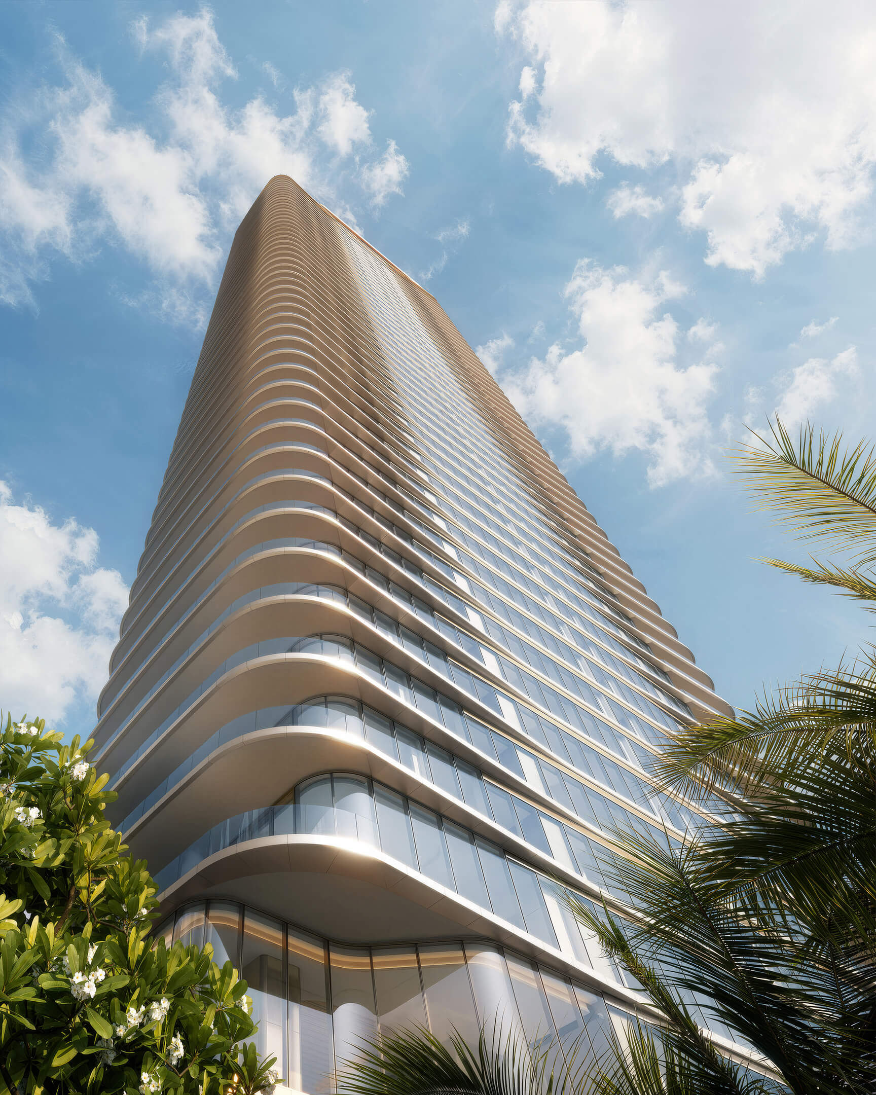 Modern tower architecture of Lilli Miami Edgewater with curved balconies and tropical landscaping