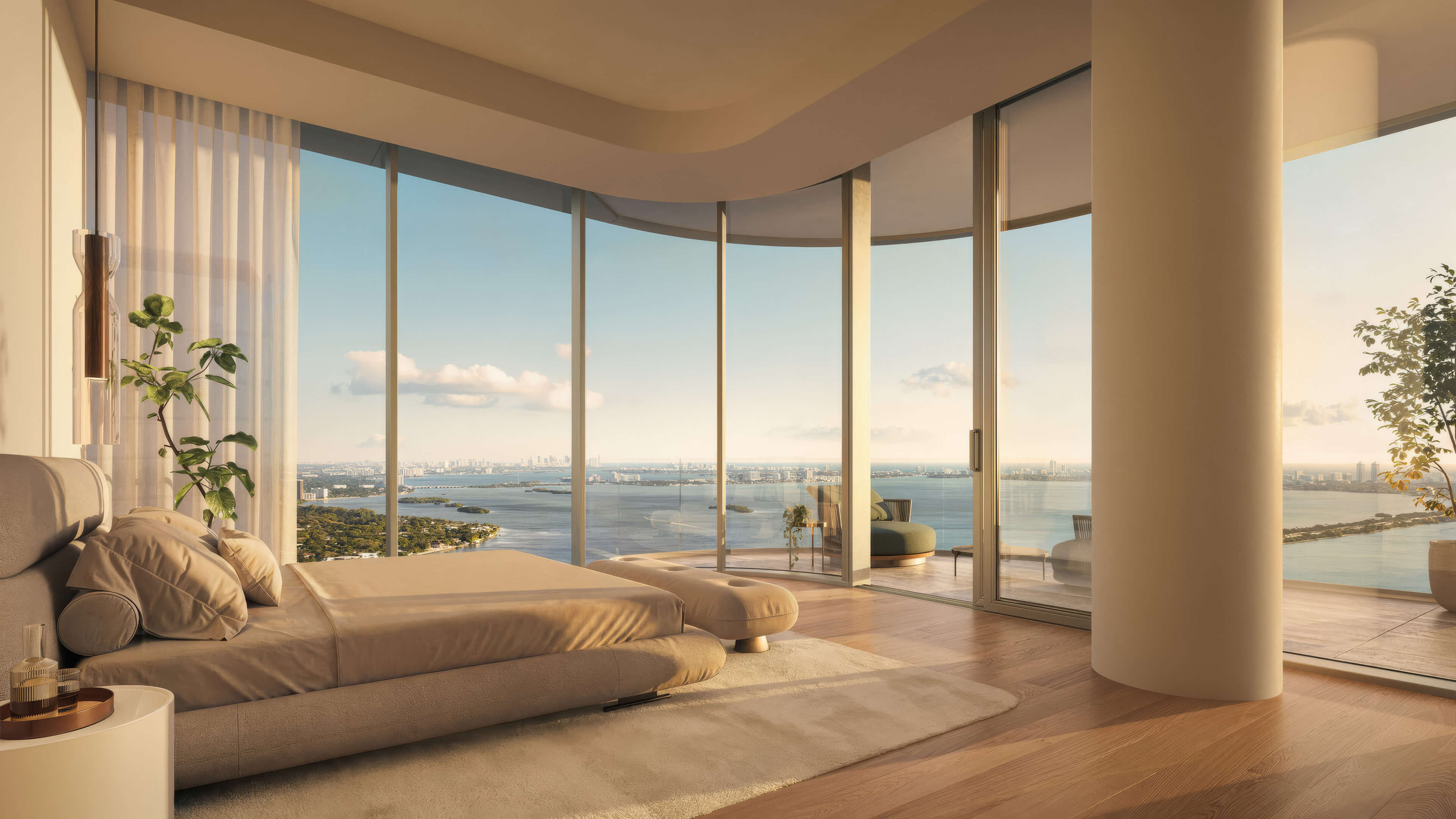 Primary bedroom at Lilli Miami Edgewater with floor-to-ceiling windows and panoramic bay views
