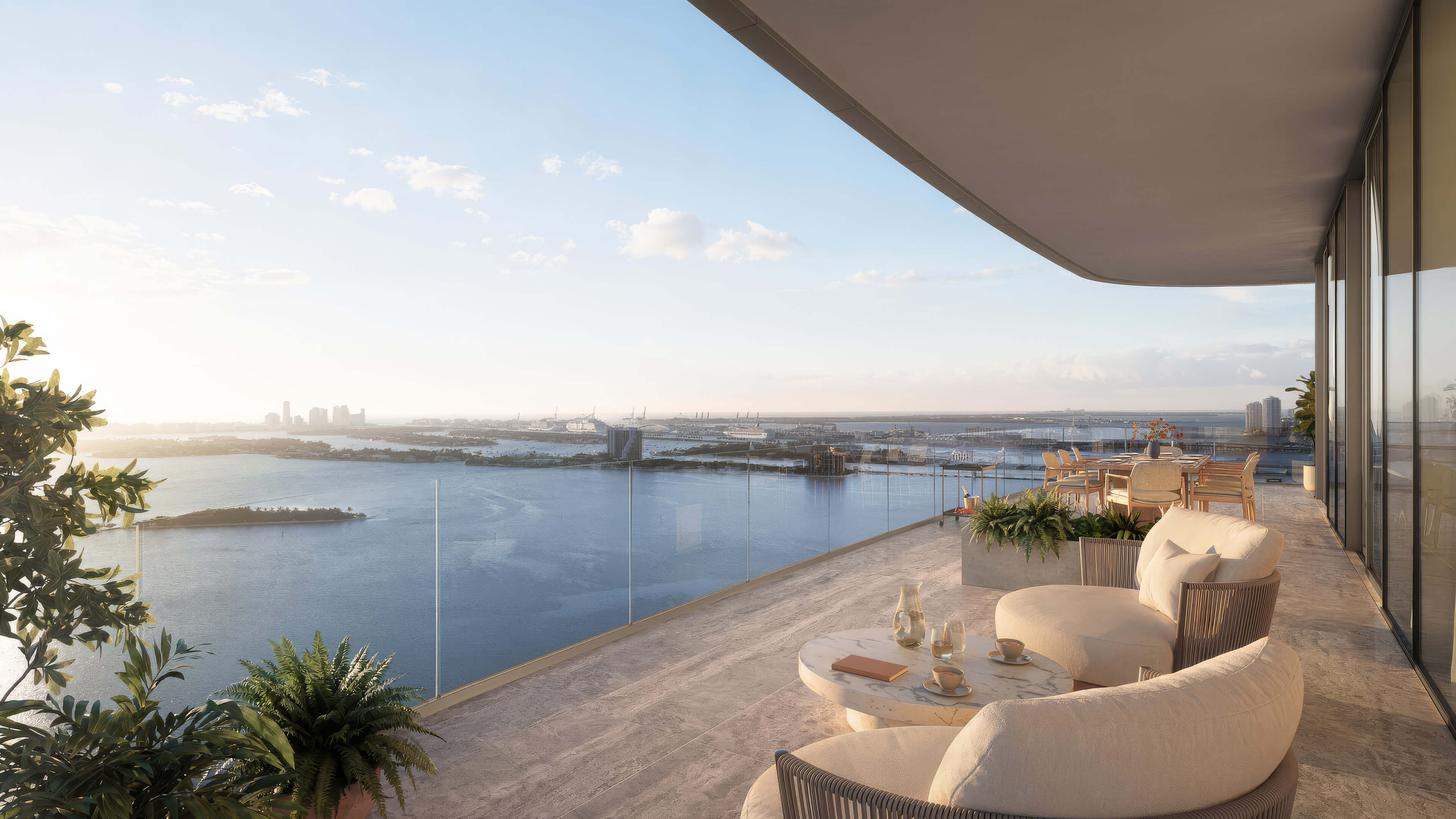 Private terrace at Lilli Miami Edgewater with lounge seating and panoramic Biscayne Bay views