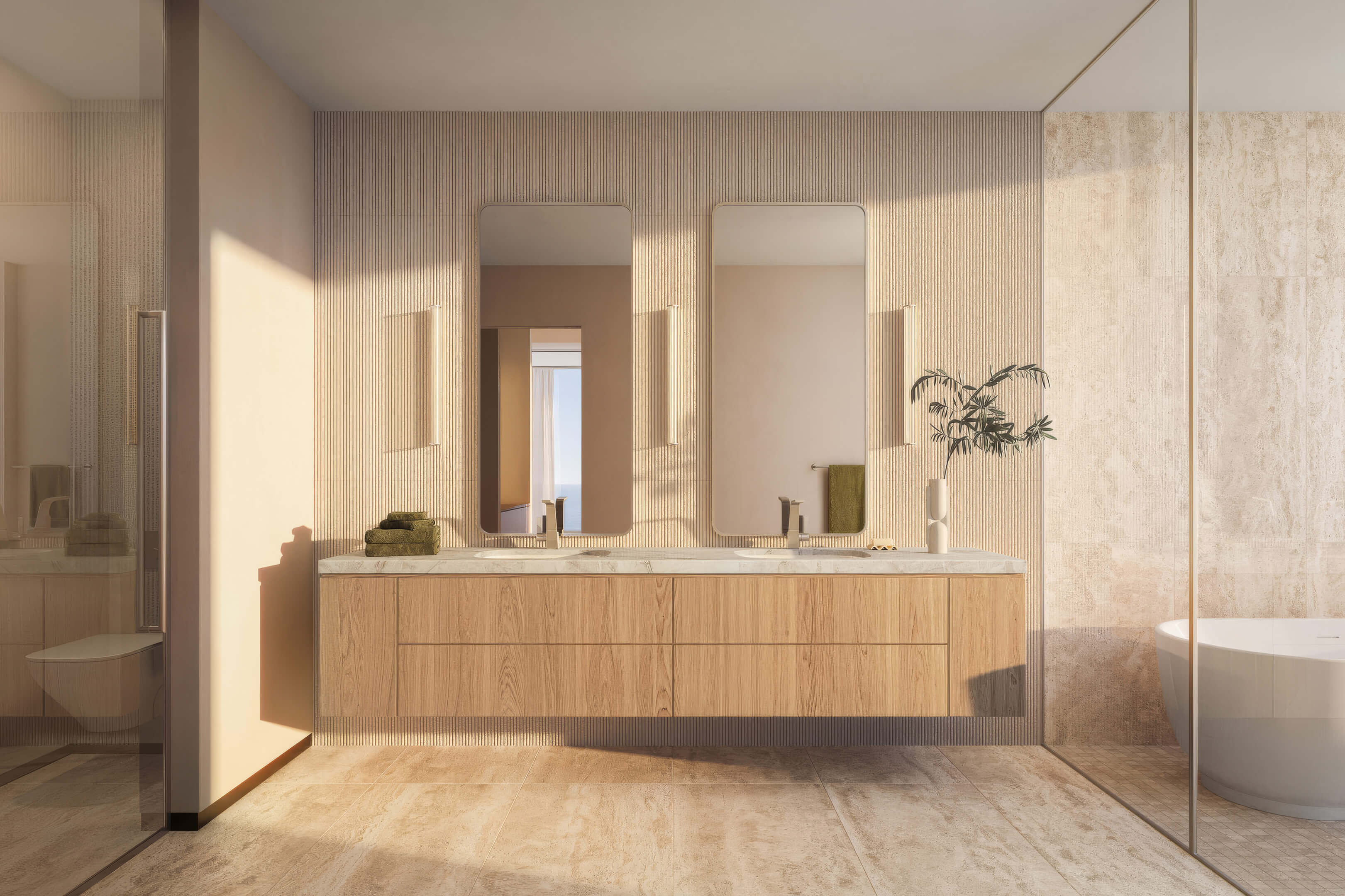 Spa-inspired bathroom suite at Lilli Miami Edgewater with double vanity, soaking tub and warm finishes