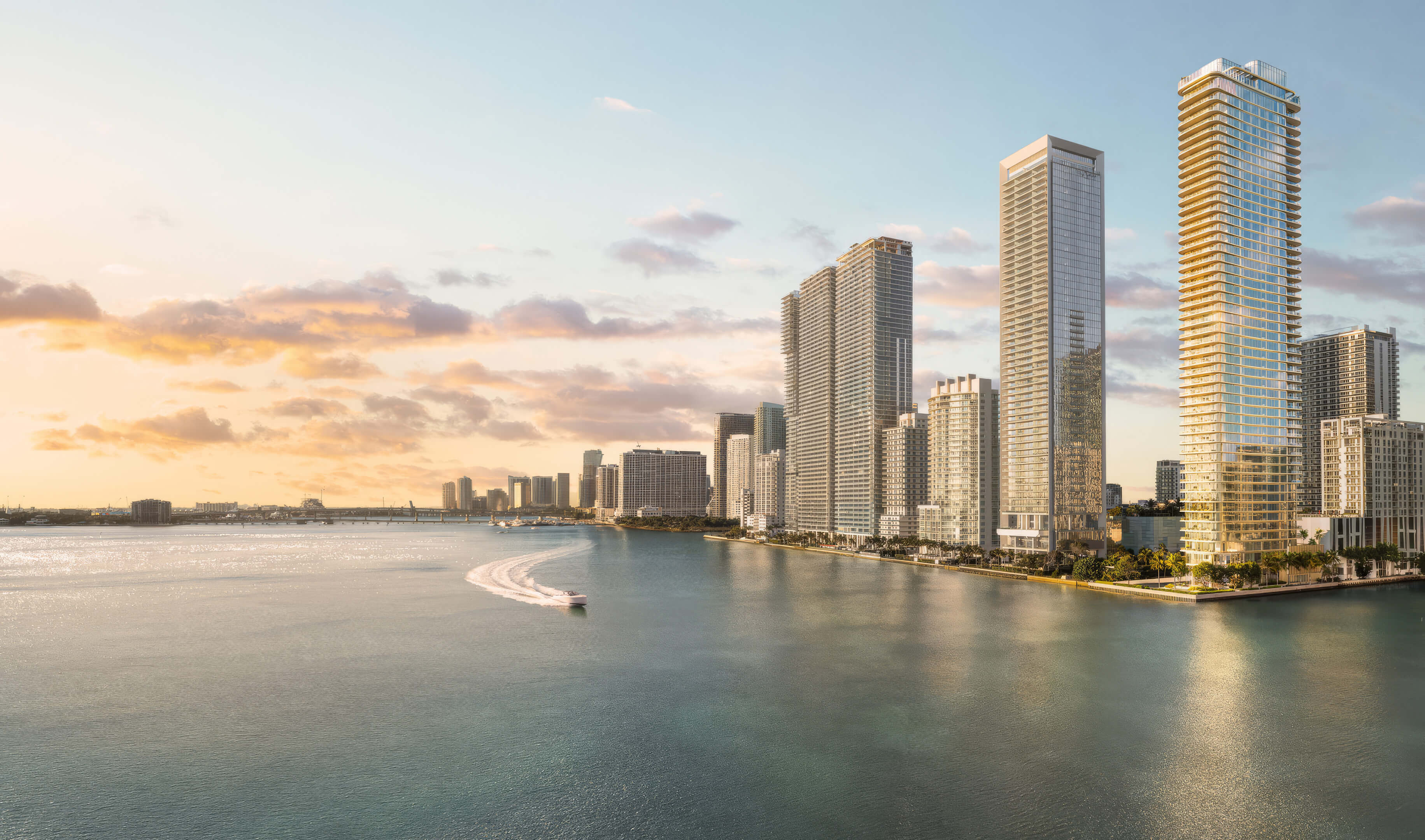 Waterfront skyline view of Lilli Miami Edgewater with luxury high-rise architecture on Biscayne Bay