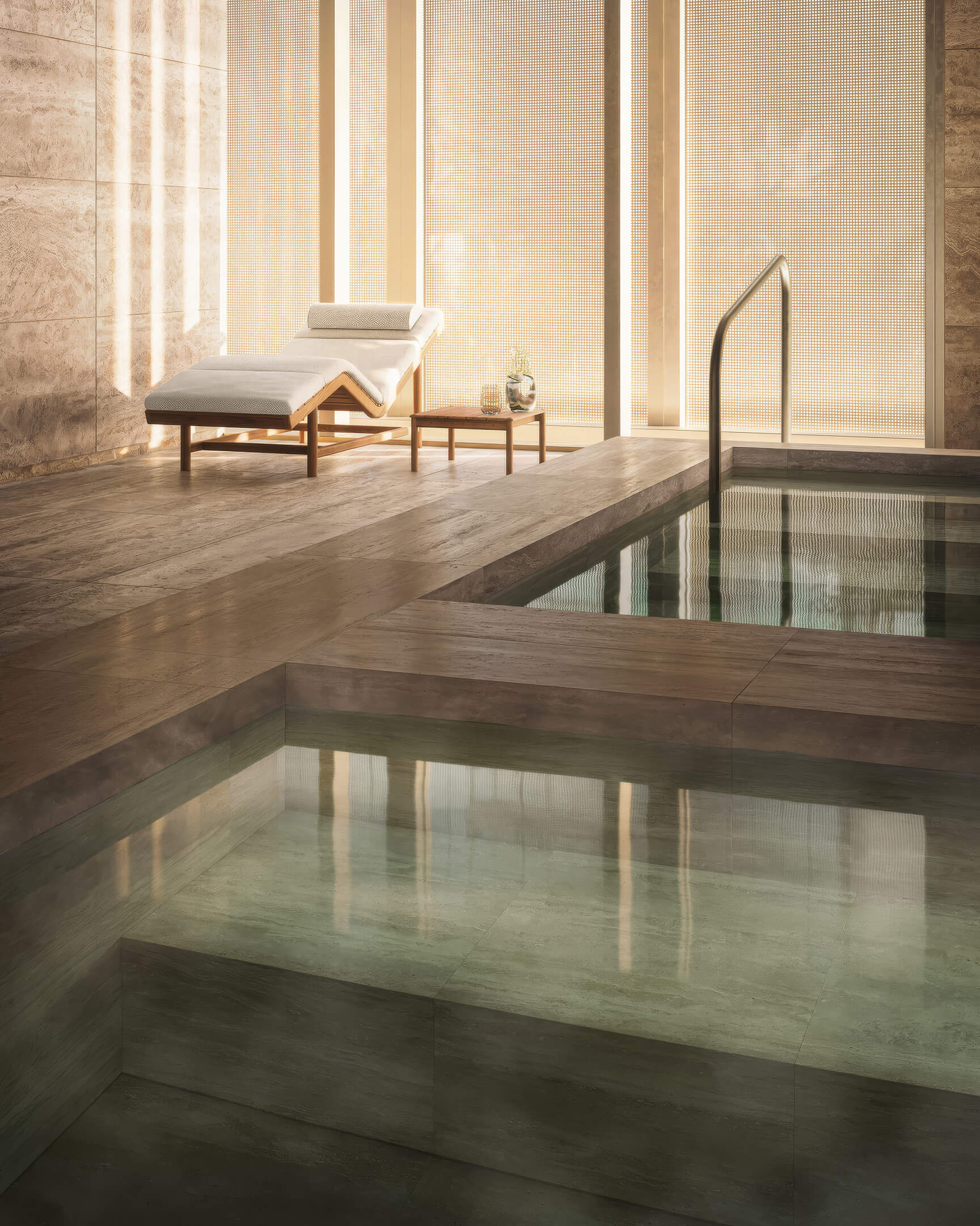 Wellness spa pool at Lilli Miami Edgewater with lounge chair and serene luxury finishes