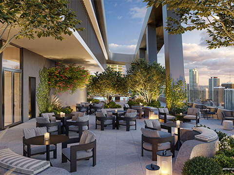 Lofty Residences Brickell outdoor terrace at sunset