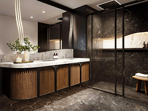 Mercedes Benz Places Miami luxury bathroom with dark marble finishes, double vanity and glass shower
