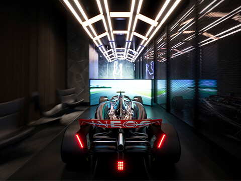 Mercedes Benz Places Miami Formula One racing simulator with Mercedes-AMG race car and immersive driving screen