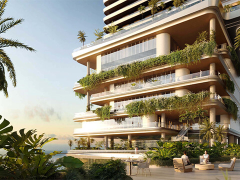 Mercedes Benz Places Miami landscaped luxury terrace with tropical gardens and modern architecture