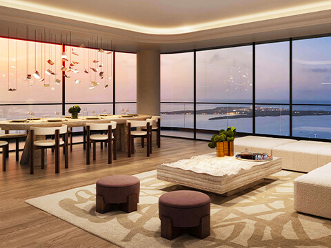 Mercedes Benz Places Miami luxury residence living room with floor-to-ceiling windows and waterfront views