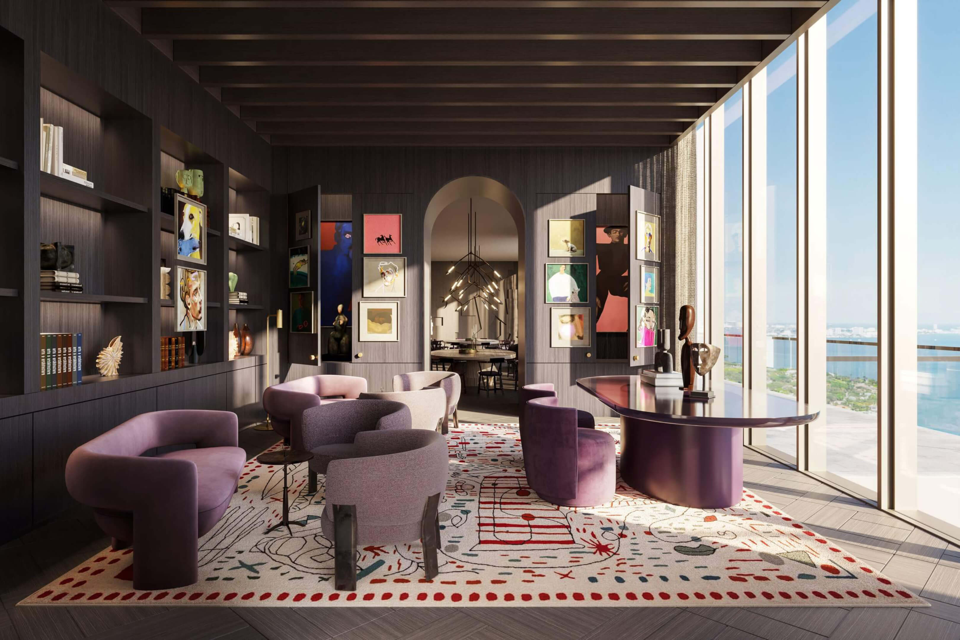 Artistic lounge with bay views and curated artwork at Miami Tropic Residences