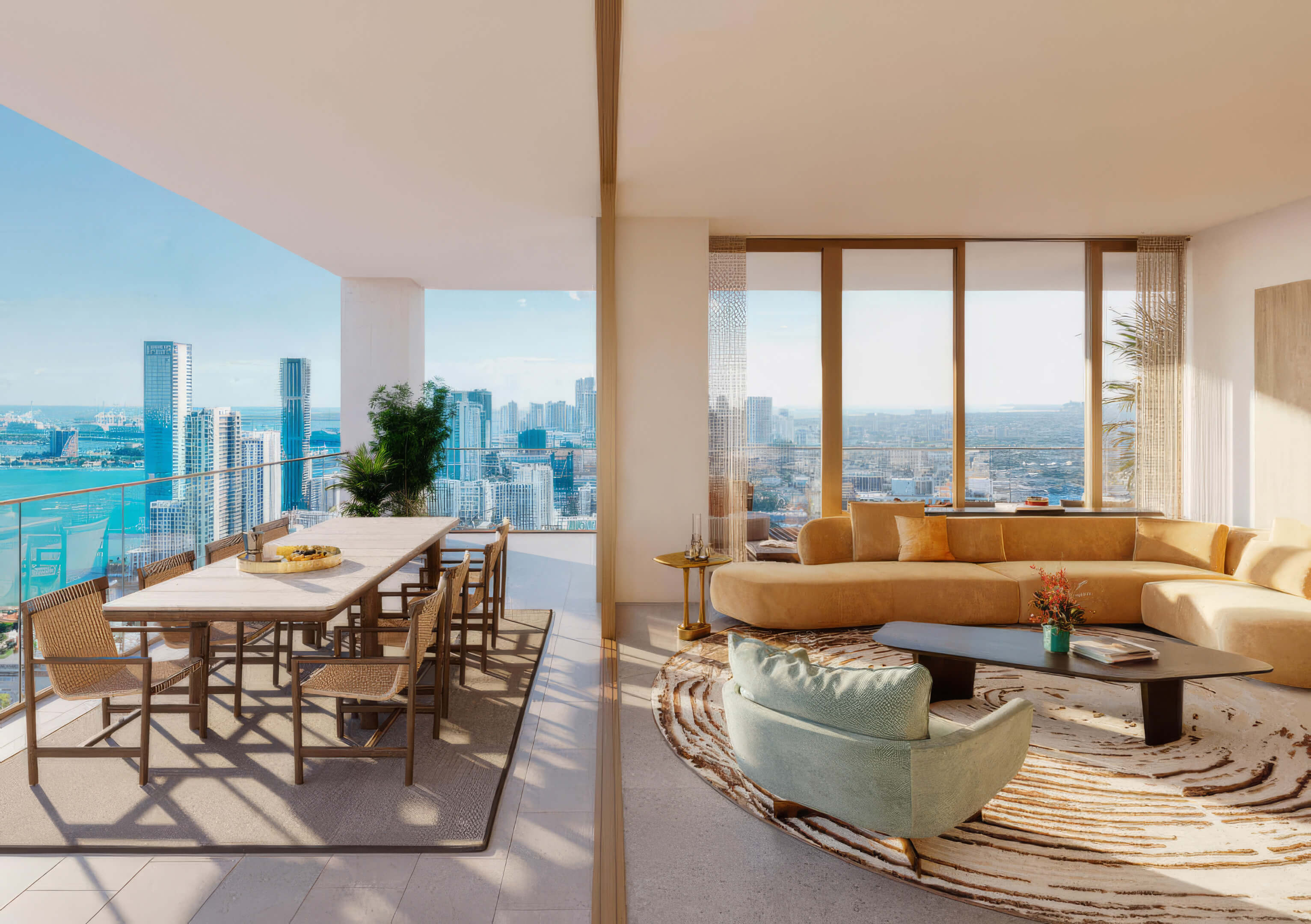 Spacious balcony and luxury living room with skyline and bay views at Miami Tropic Residences