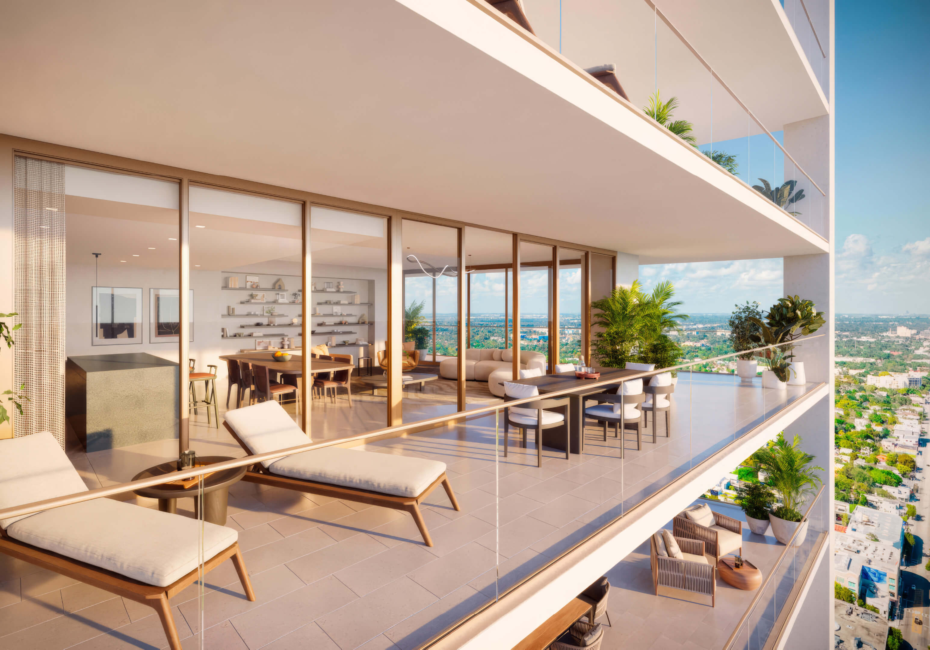 Spacious balcony with indoor-outdoor living at Miami Tropic Residences overlooking the city