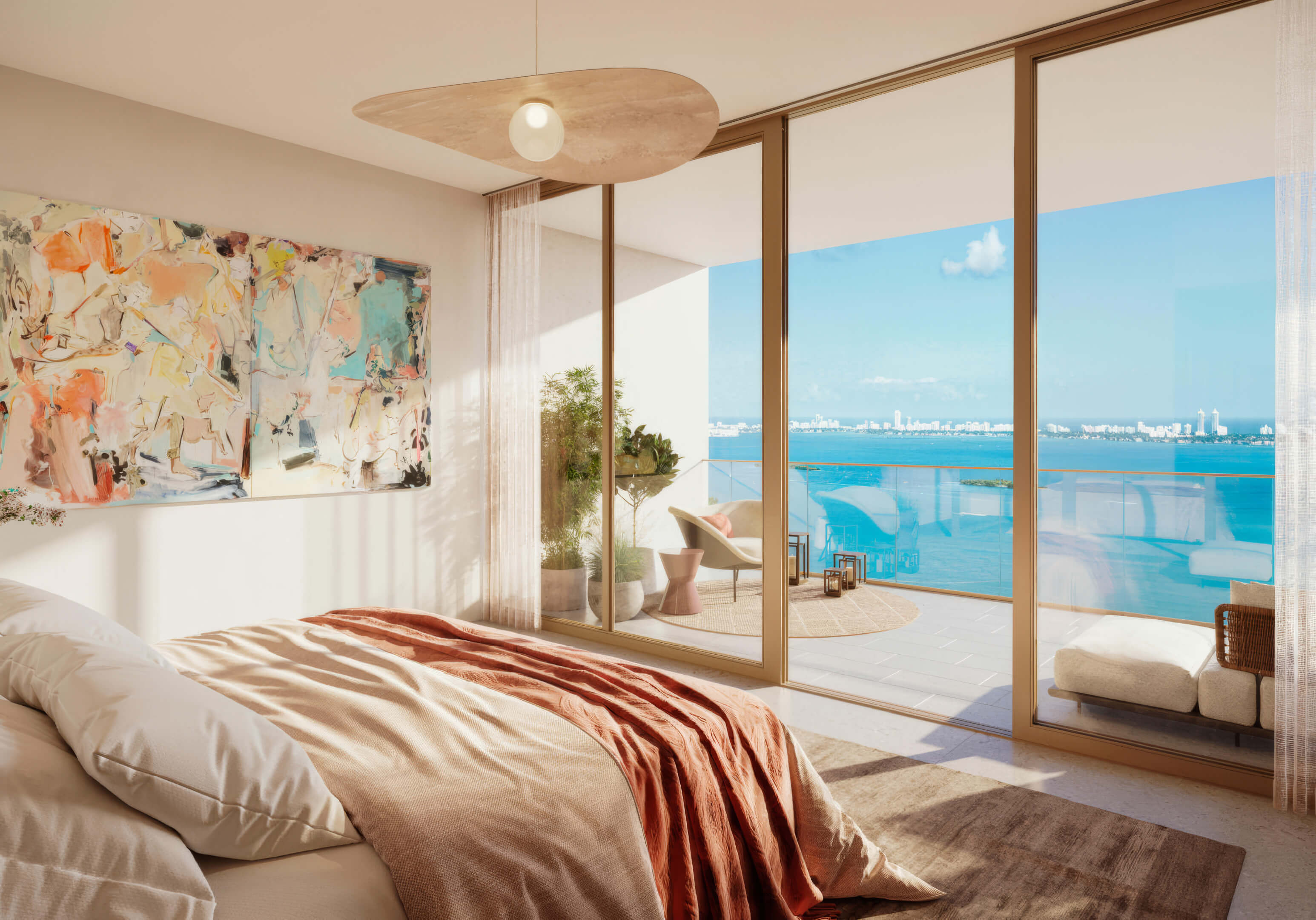 Bedroom with direct bay views and private balcony at Miami Tropic Residences