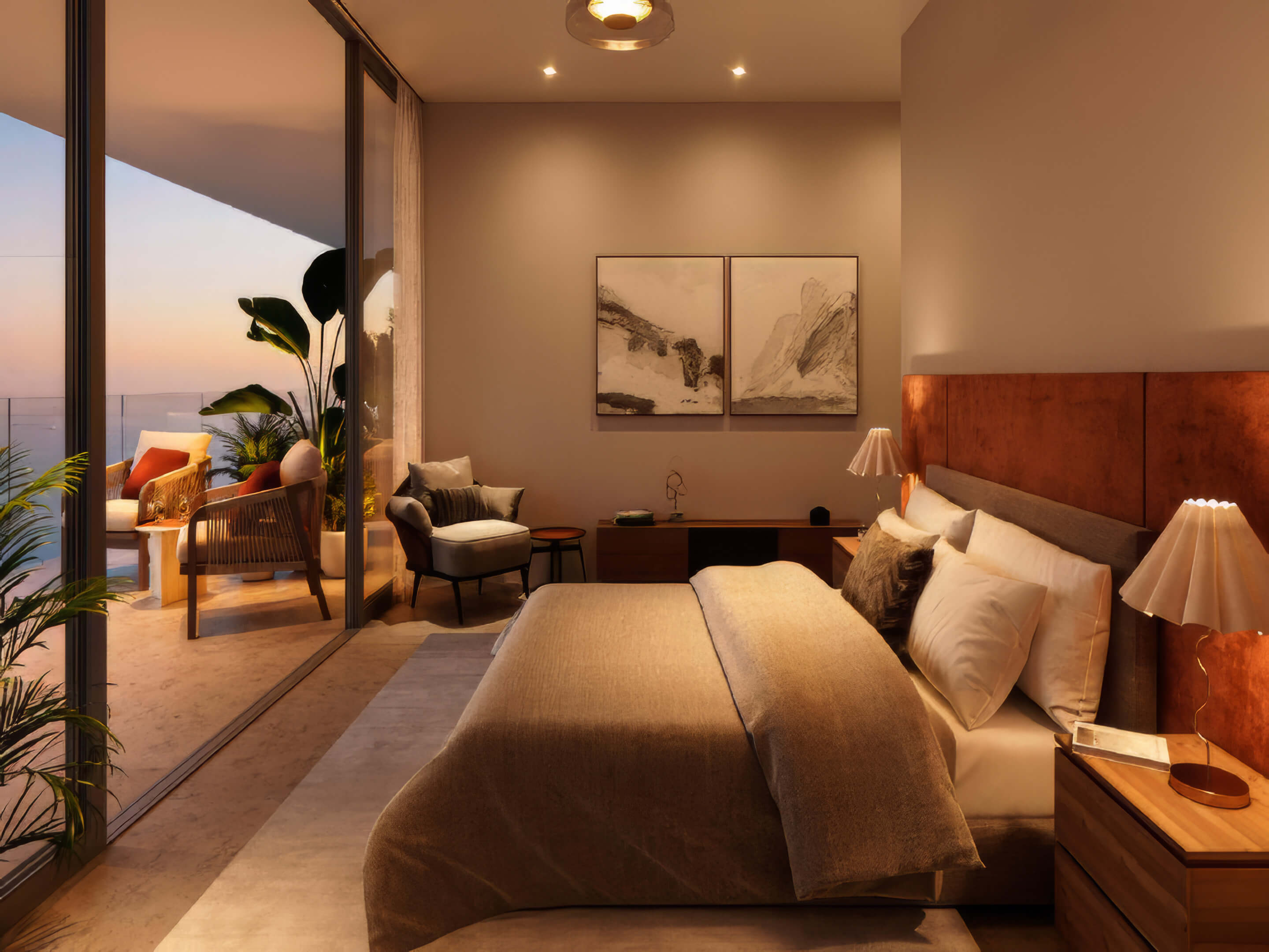 Elegant bedroom with sunset balcony and ocean views at Miami Tropic Residences