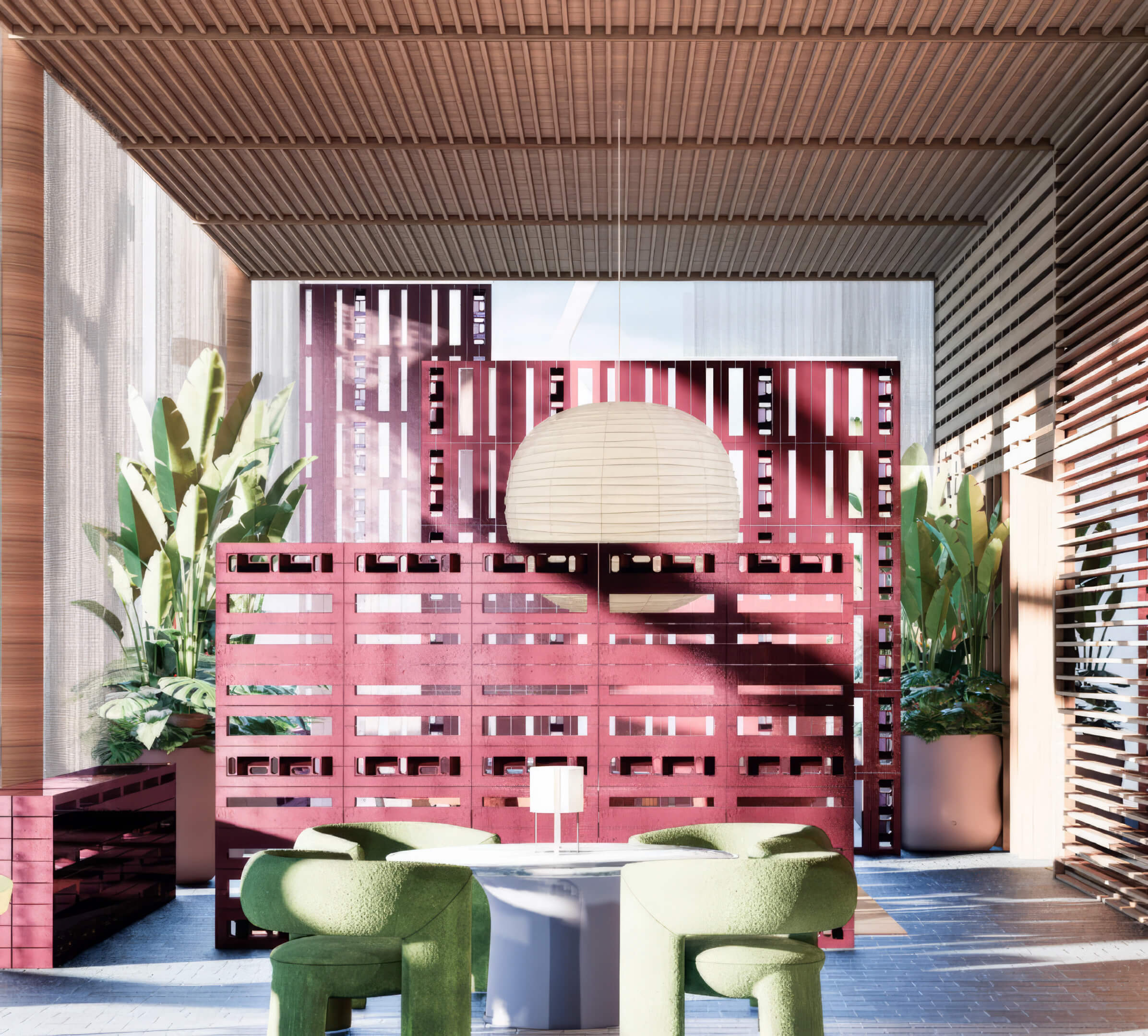 Colorful interior lounge with tropical greenery at Miami Tropic Residences