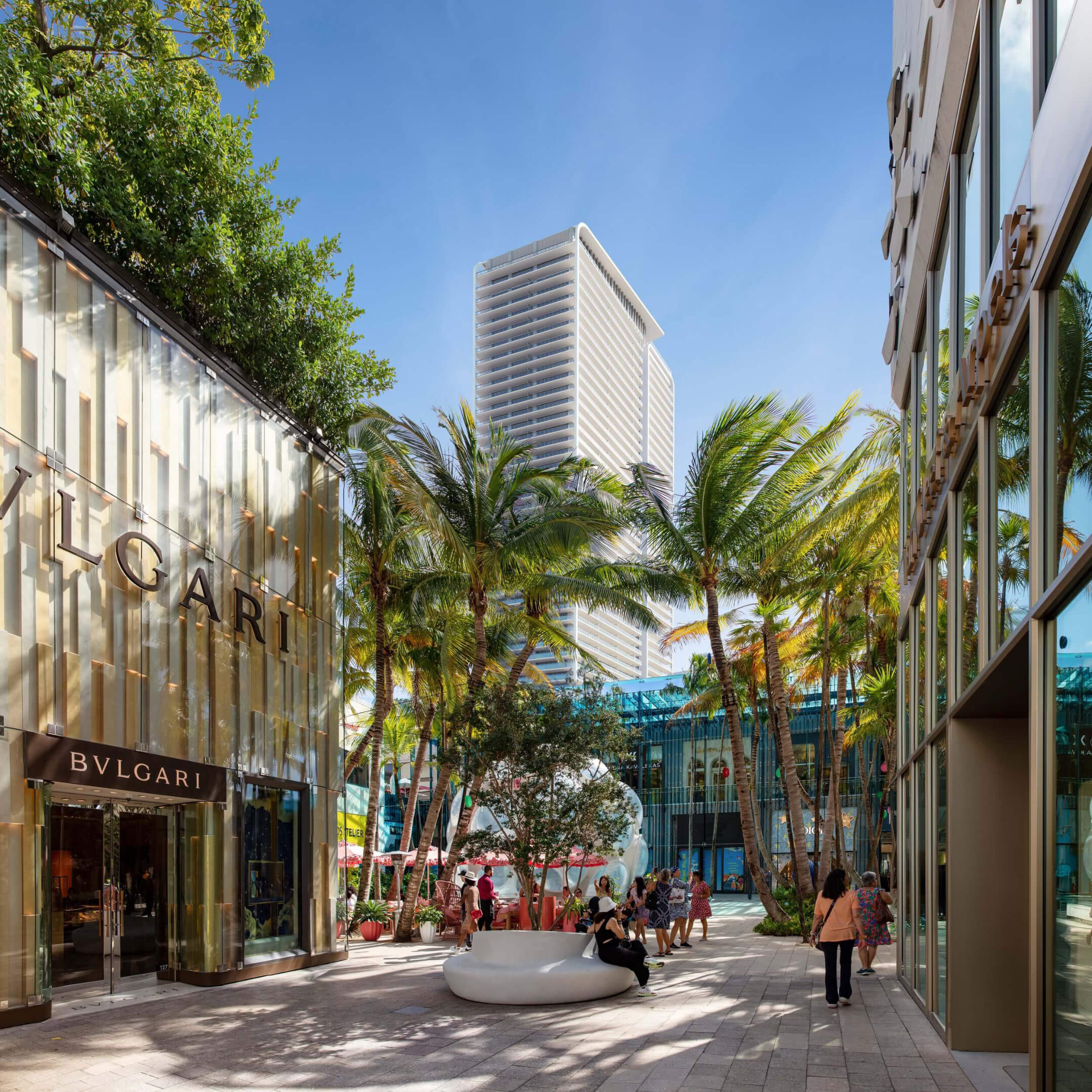 View of Miami Tropic Residences tower from the Miami Design District with luxury shops