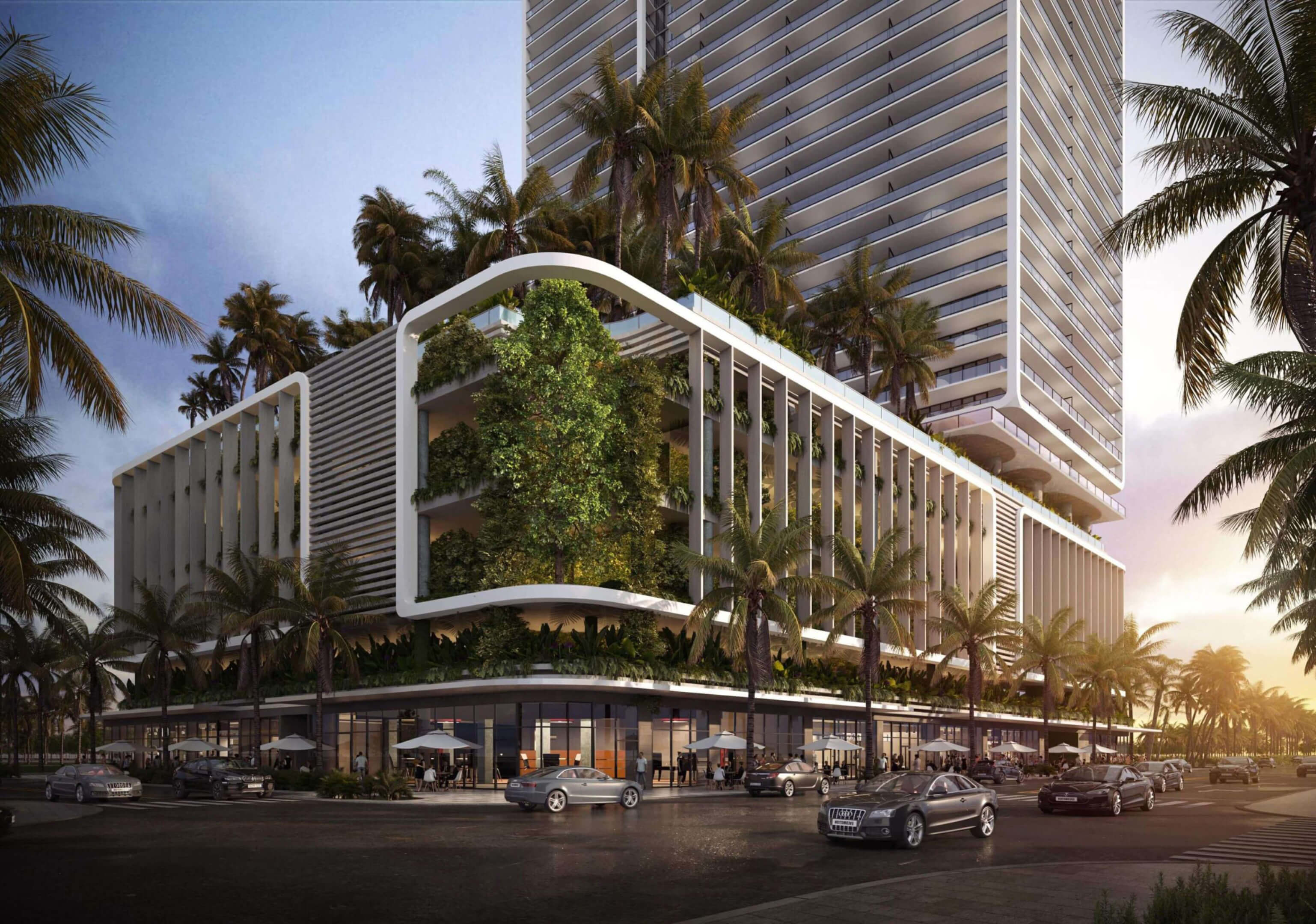 Green façade and luxury architectural design of Miami Tropic Residences with tropical landscaping