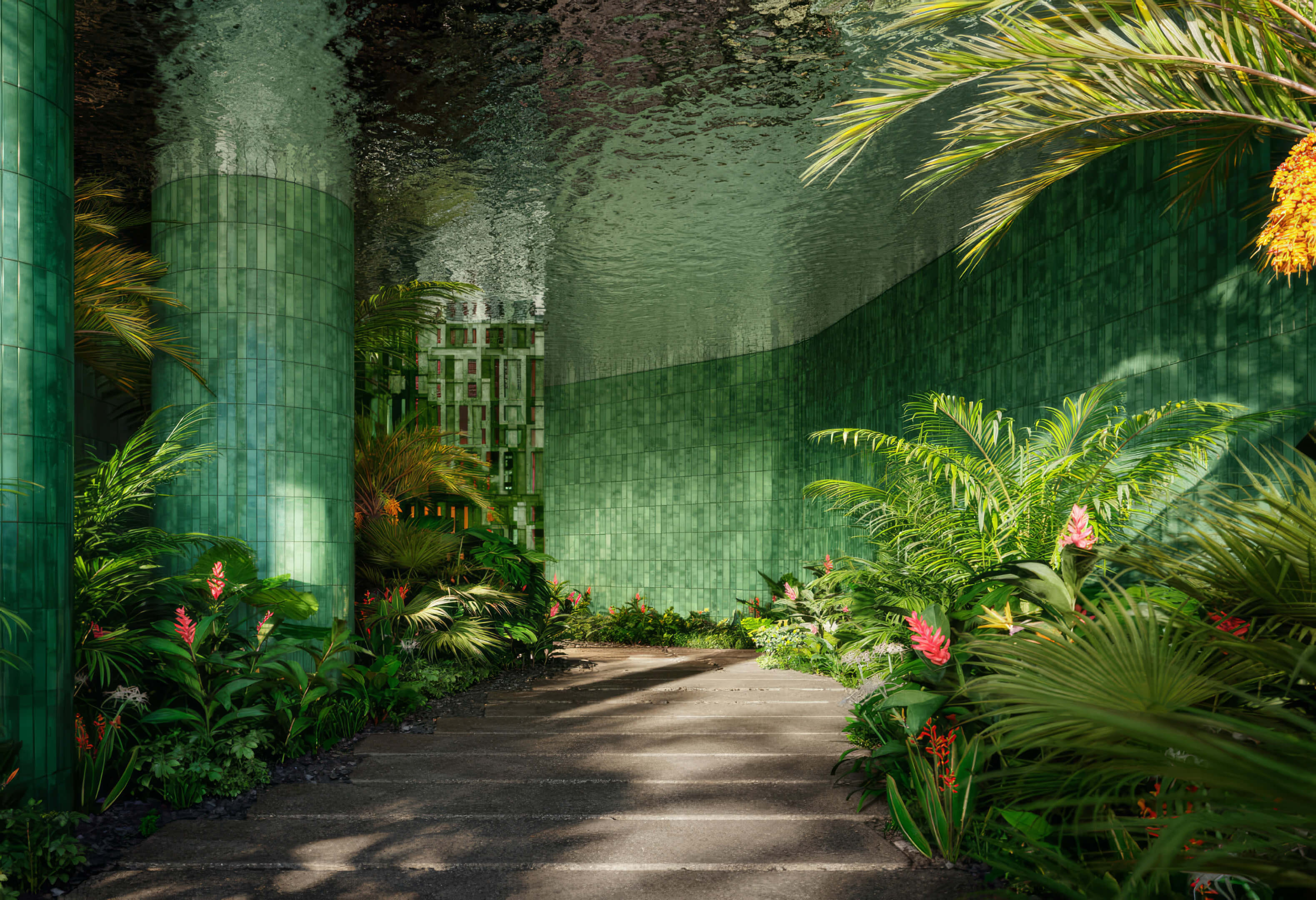 Lush tropical garden entrance with green tiles at Miami Tropic Residences