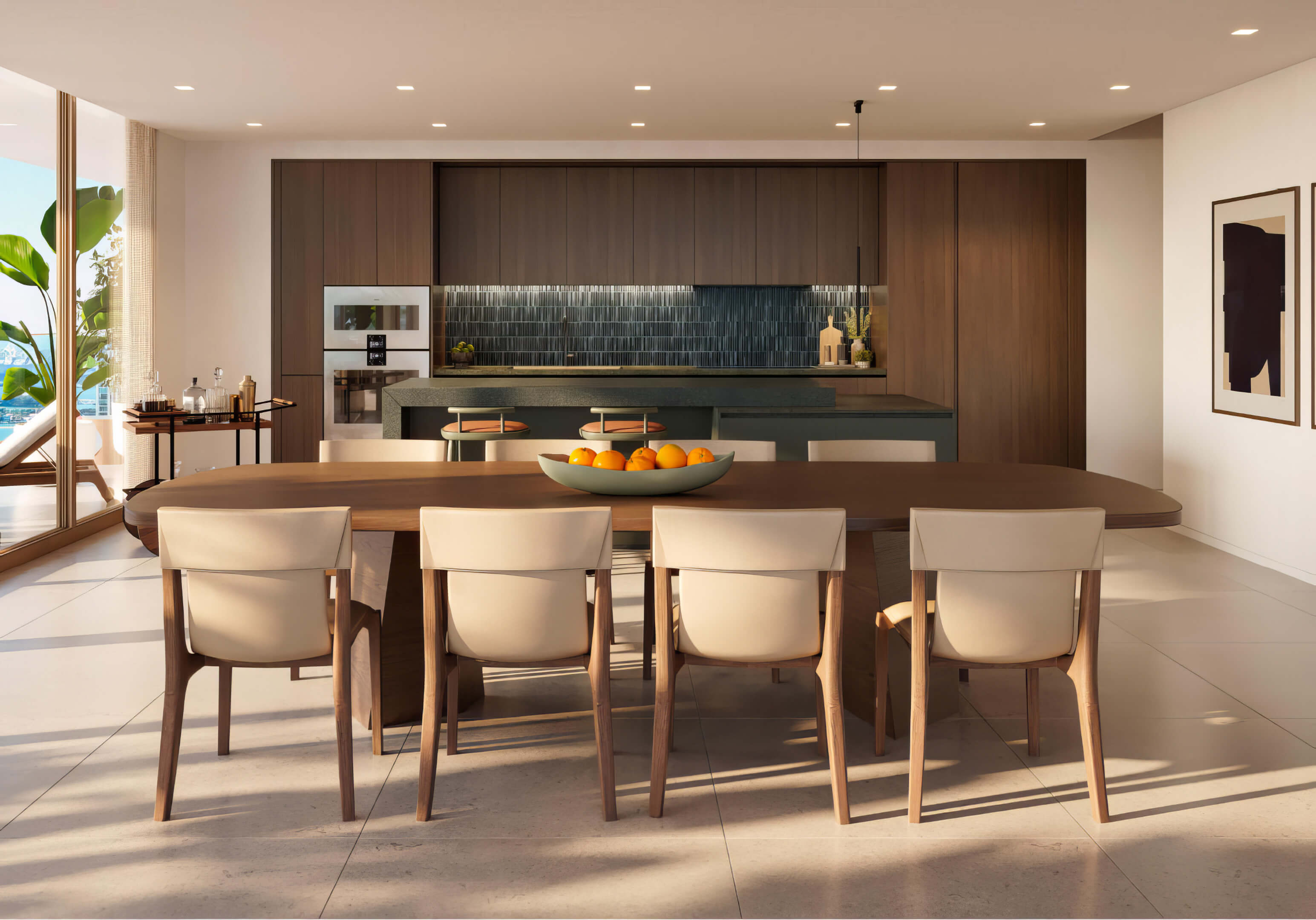 Contemporary dining area and stylish kitchen at Miami Tropic Residences