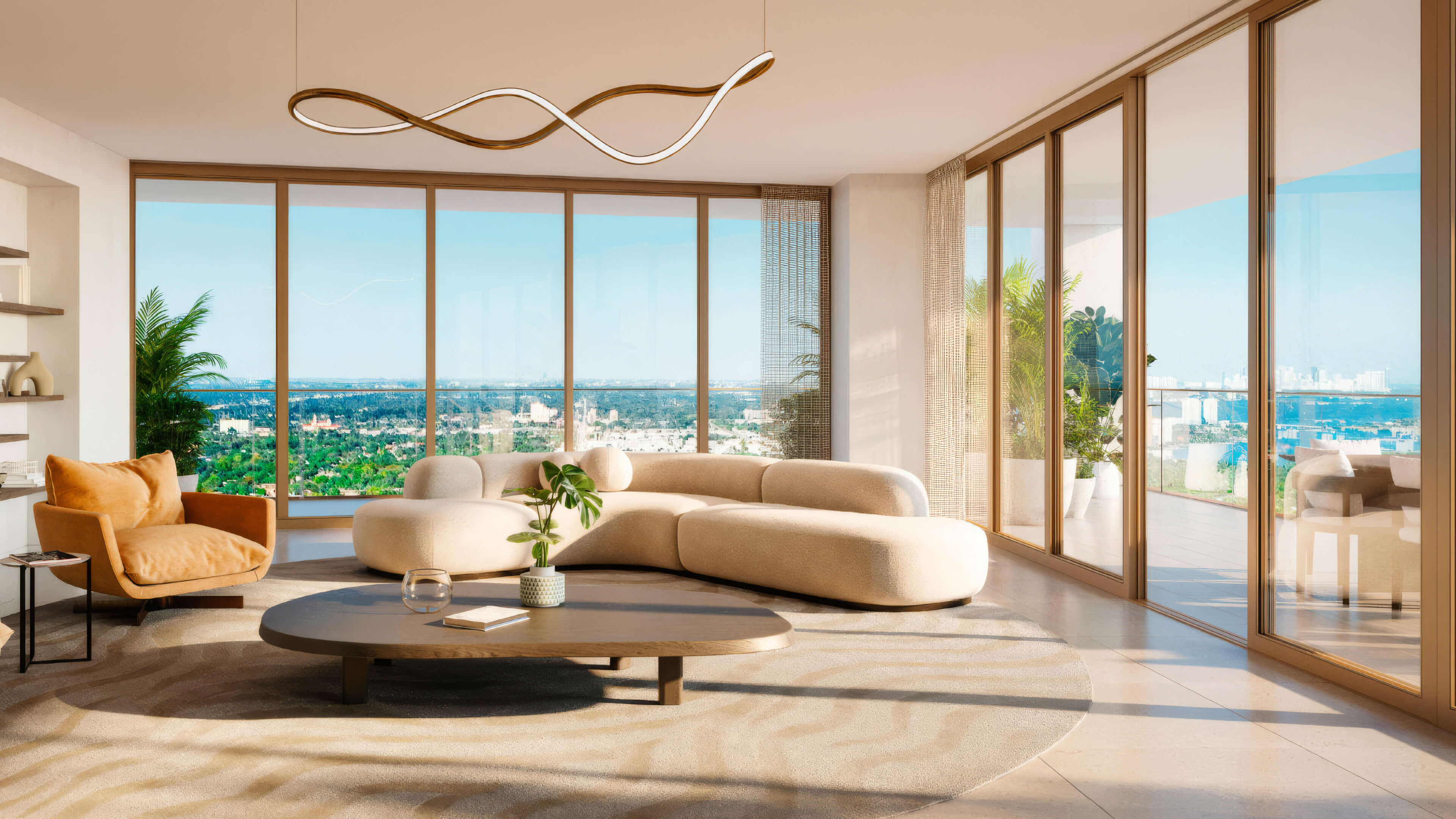 Modern living room with panoramic windows and bay views at Miami Tropic Residences