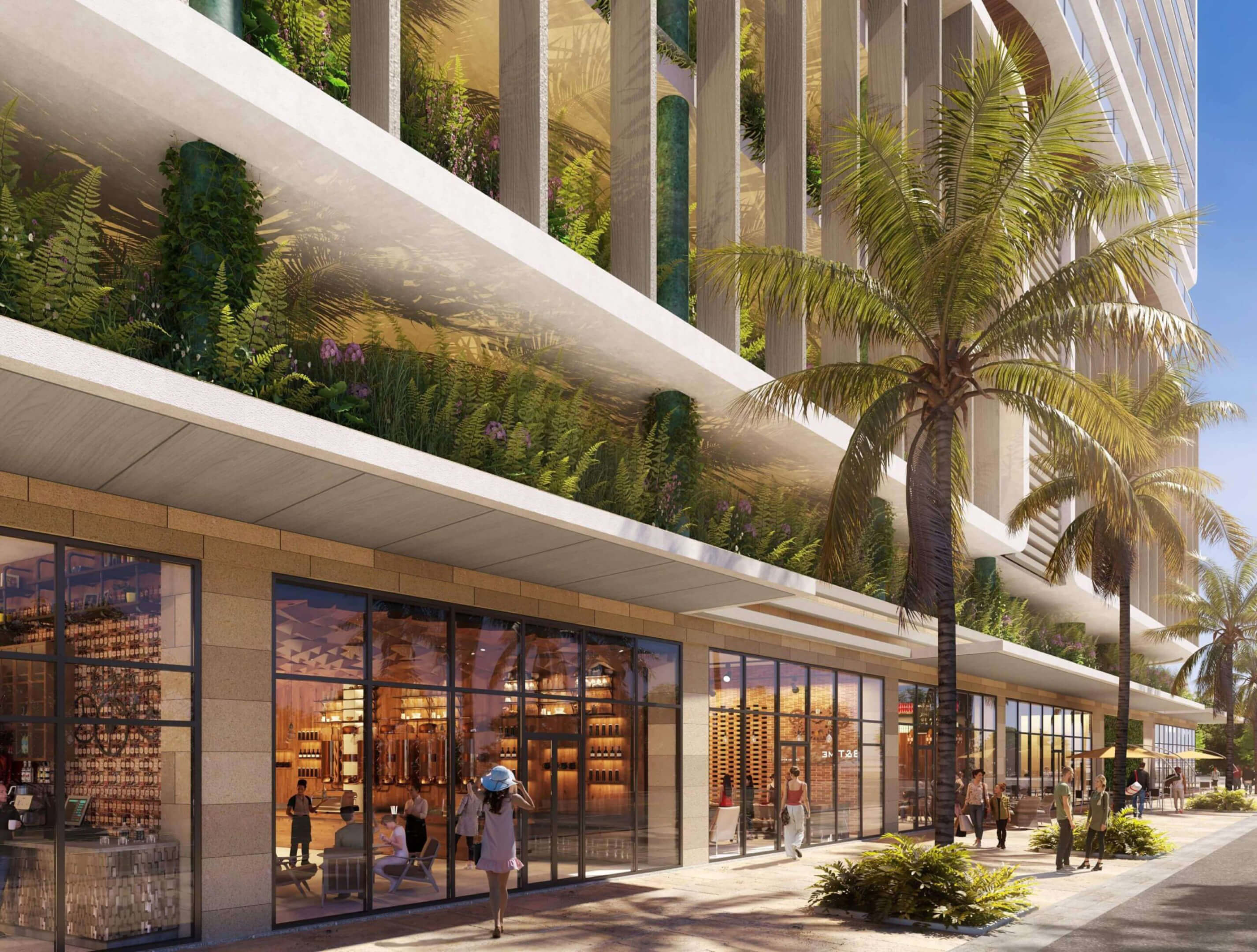 Retail promenade and lush greenery at Miami Tropic Residences street level
