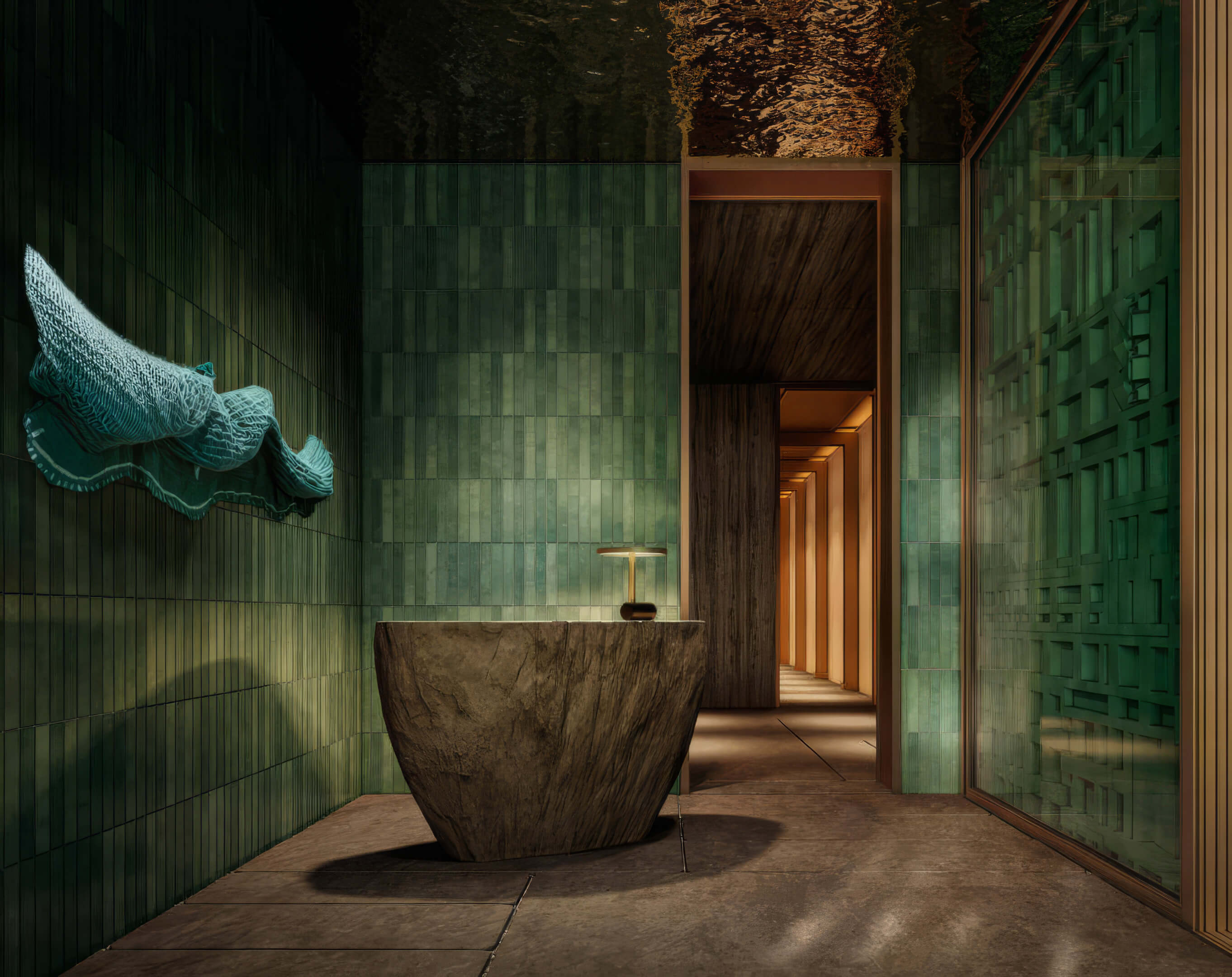 Elegant spa entrance with natural materials at Miami Tropic Residences